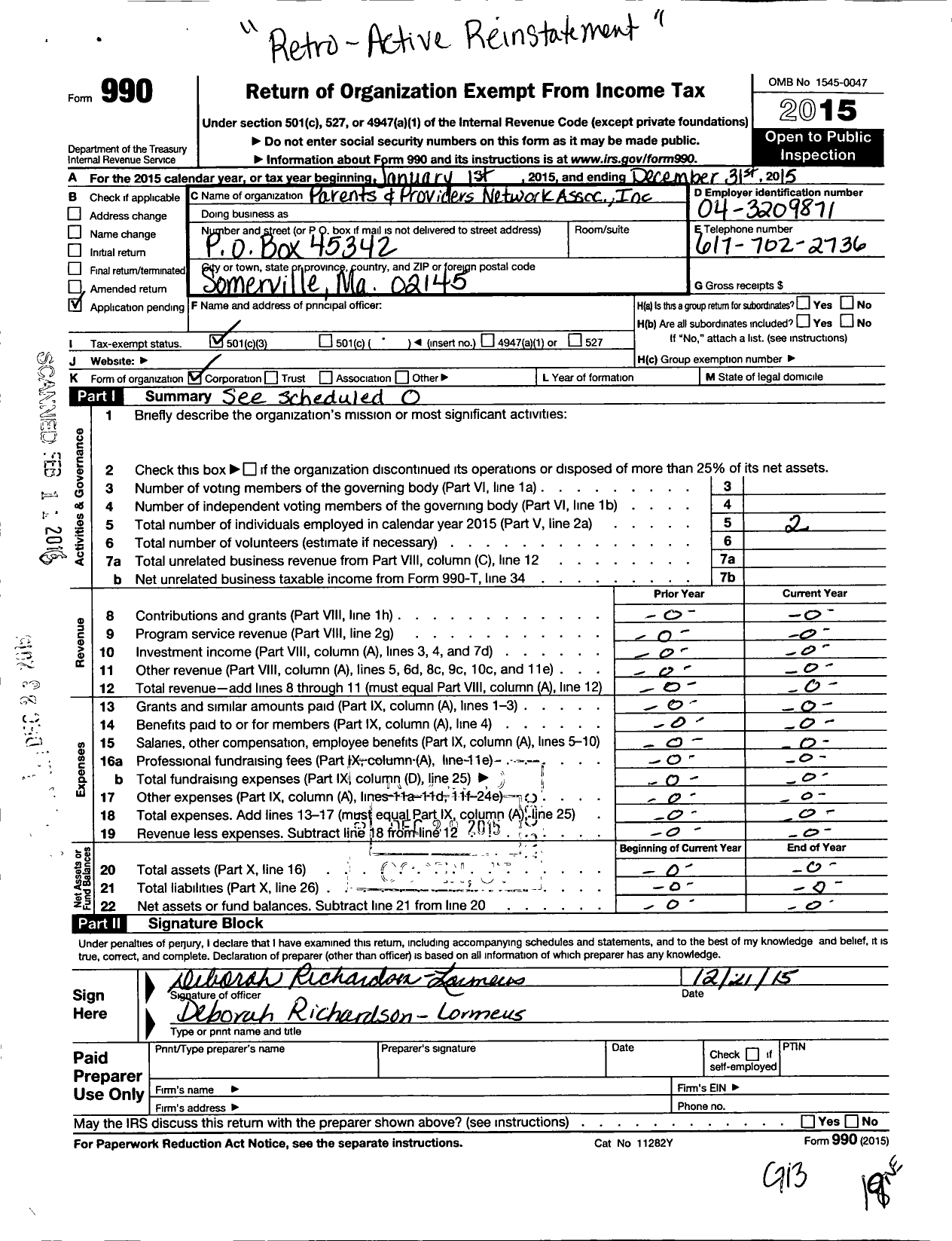 Image of first page of 2015 Form 990 for Parents and Providers Network Association