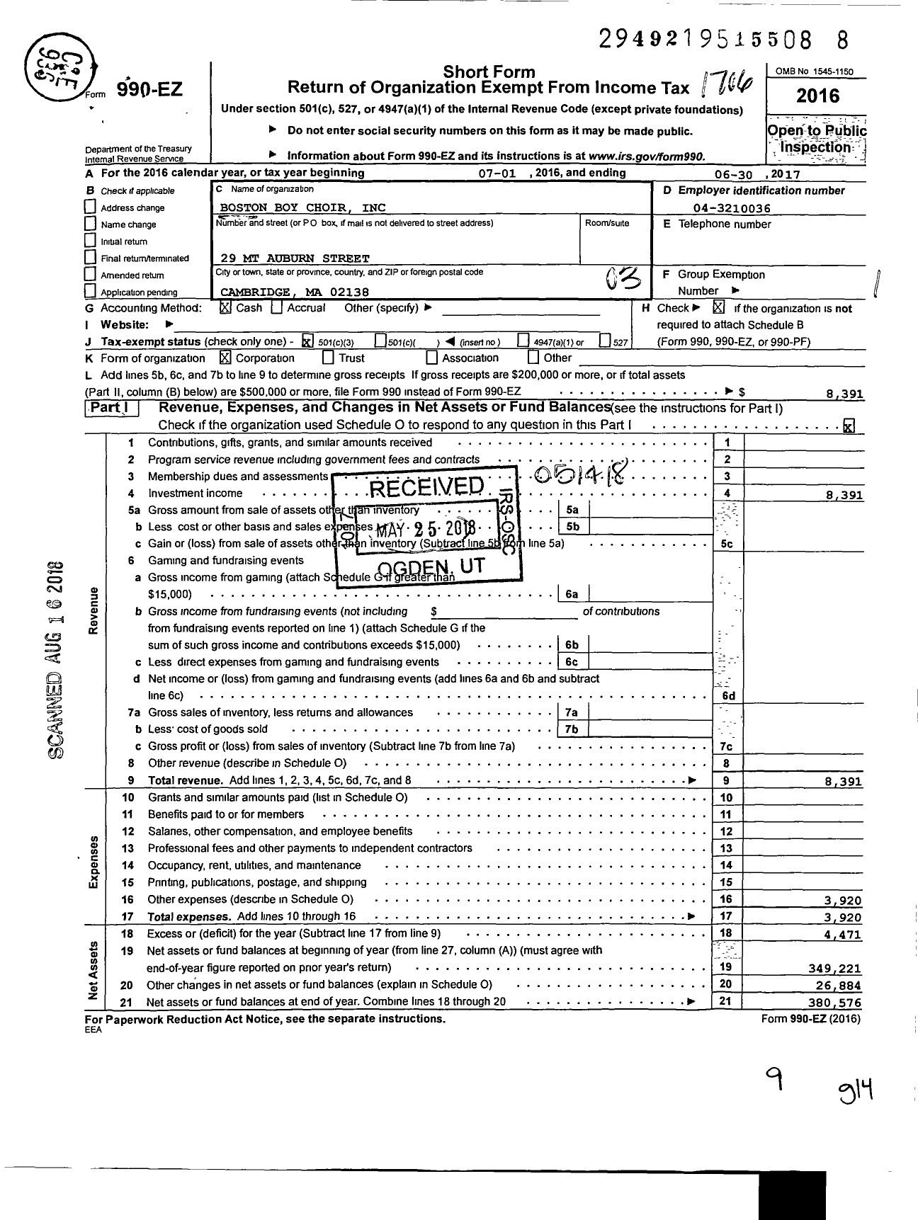 Image of first page of 2016 Form 990EZ for Boston Boys Choir