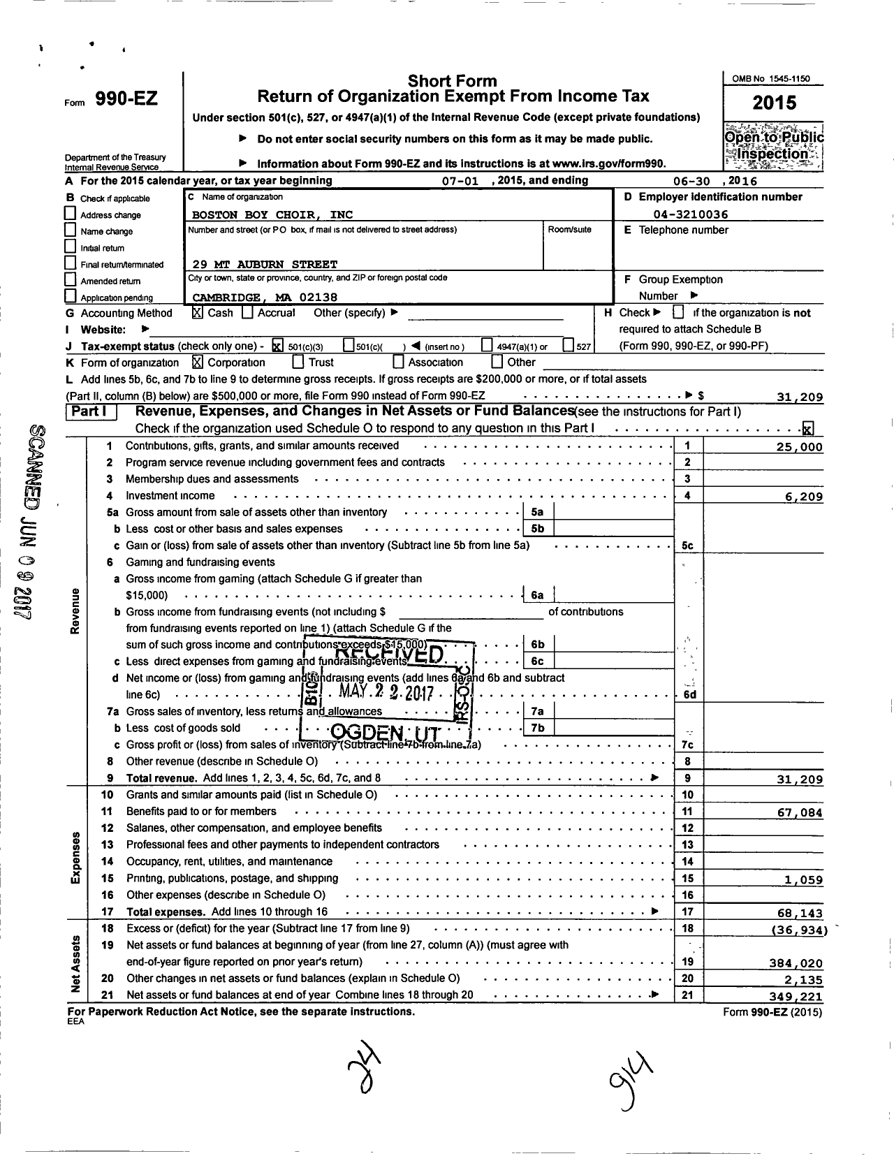 Image of first page of 2015 Form 990EZ for Boston Boys Choir