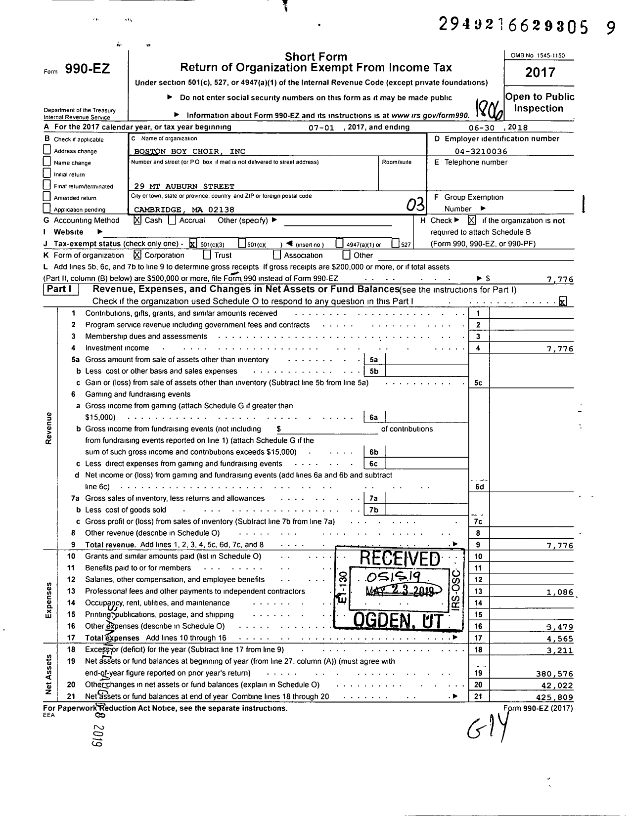 Image of first page of 2017 Form 990EZ for Boston Boys Choir