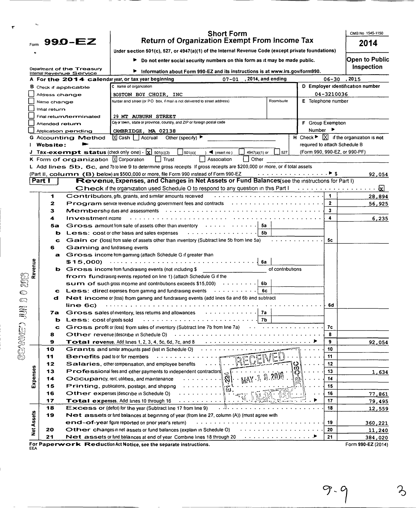 Image of first page of 2014 Form 990EZ for Boston Boys Choir