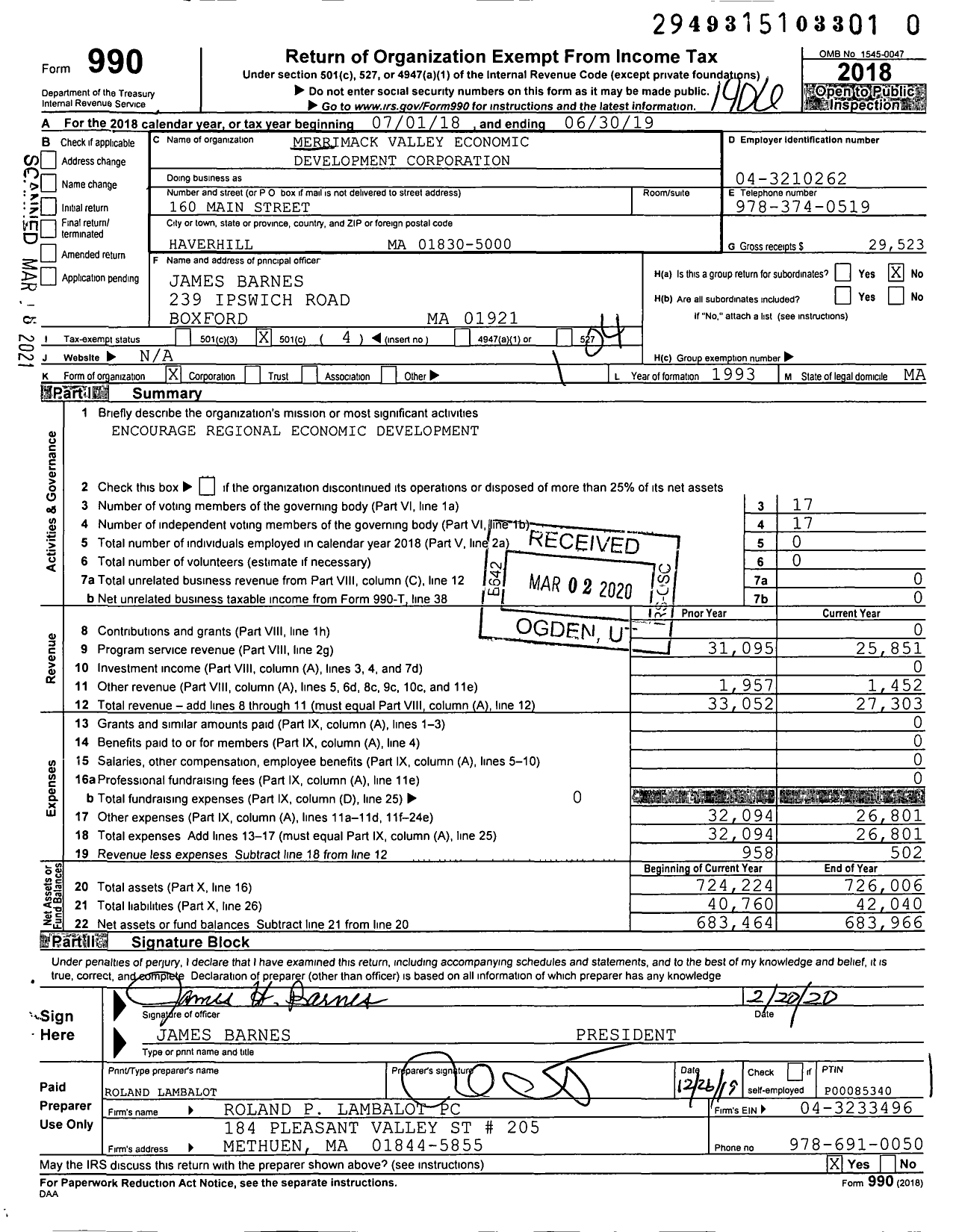 Image of first page of 2018 Form 990O for Merrimack Valley Economic Development Corporation