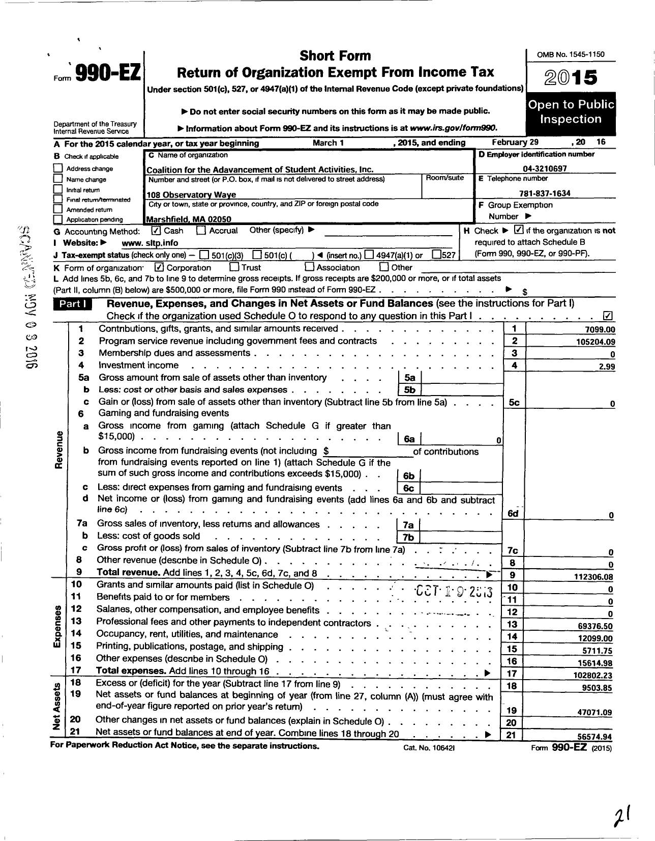 Image of first page of 2015 Form 990EO for Coalition for the Advancement of Student Activities