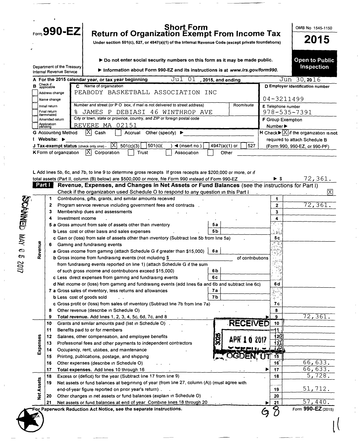 Image of first page of 2015 Form 990EZ for Peabody Basketball Association