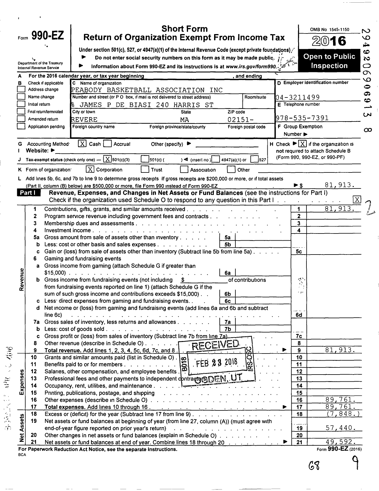 Image of first page of 2016 Form 990EZ for Peabody Basketball Association