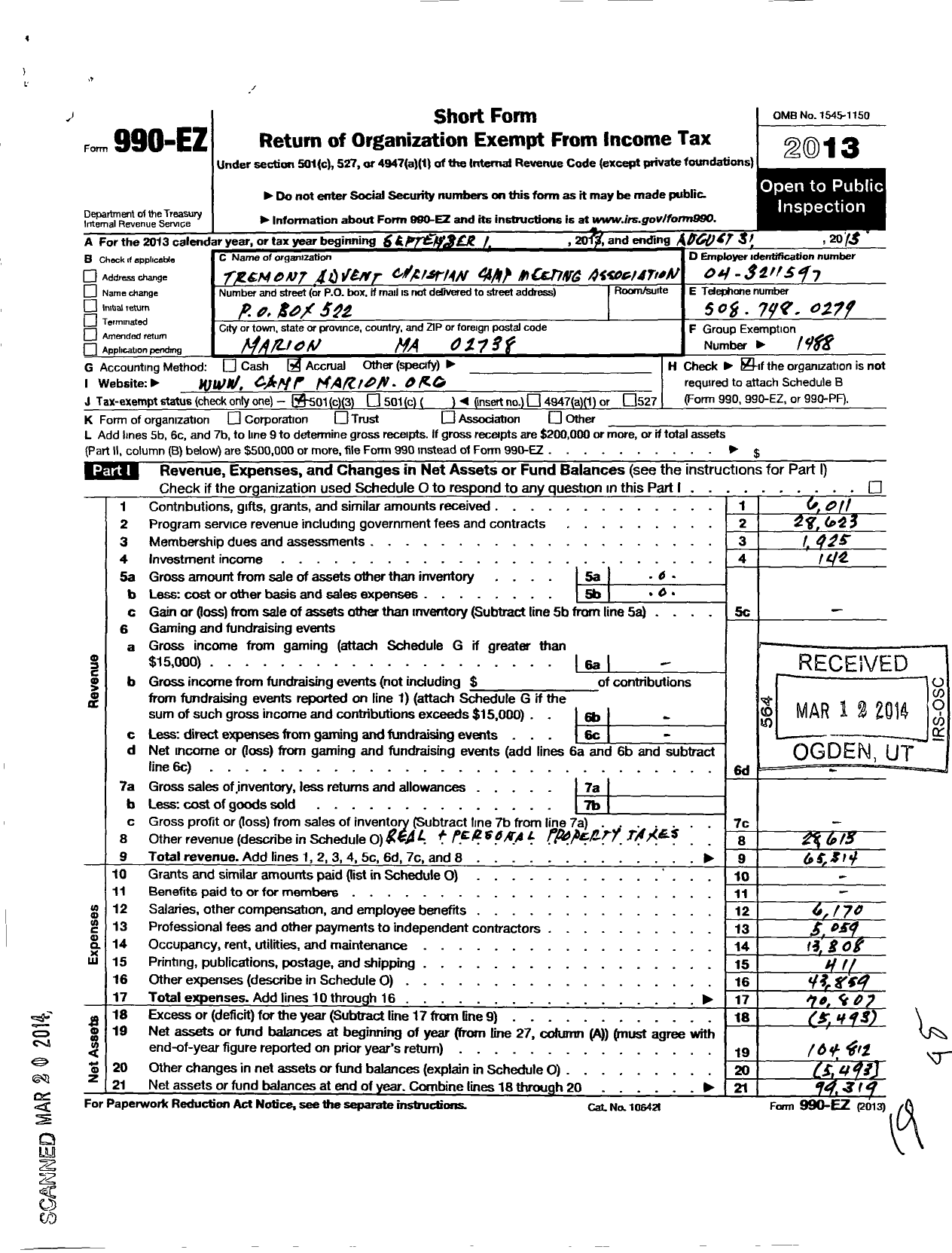 Image of first page of 2012 Form 990EZ for Tremont Advent Christian Camp Meeting Association