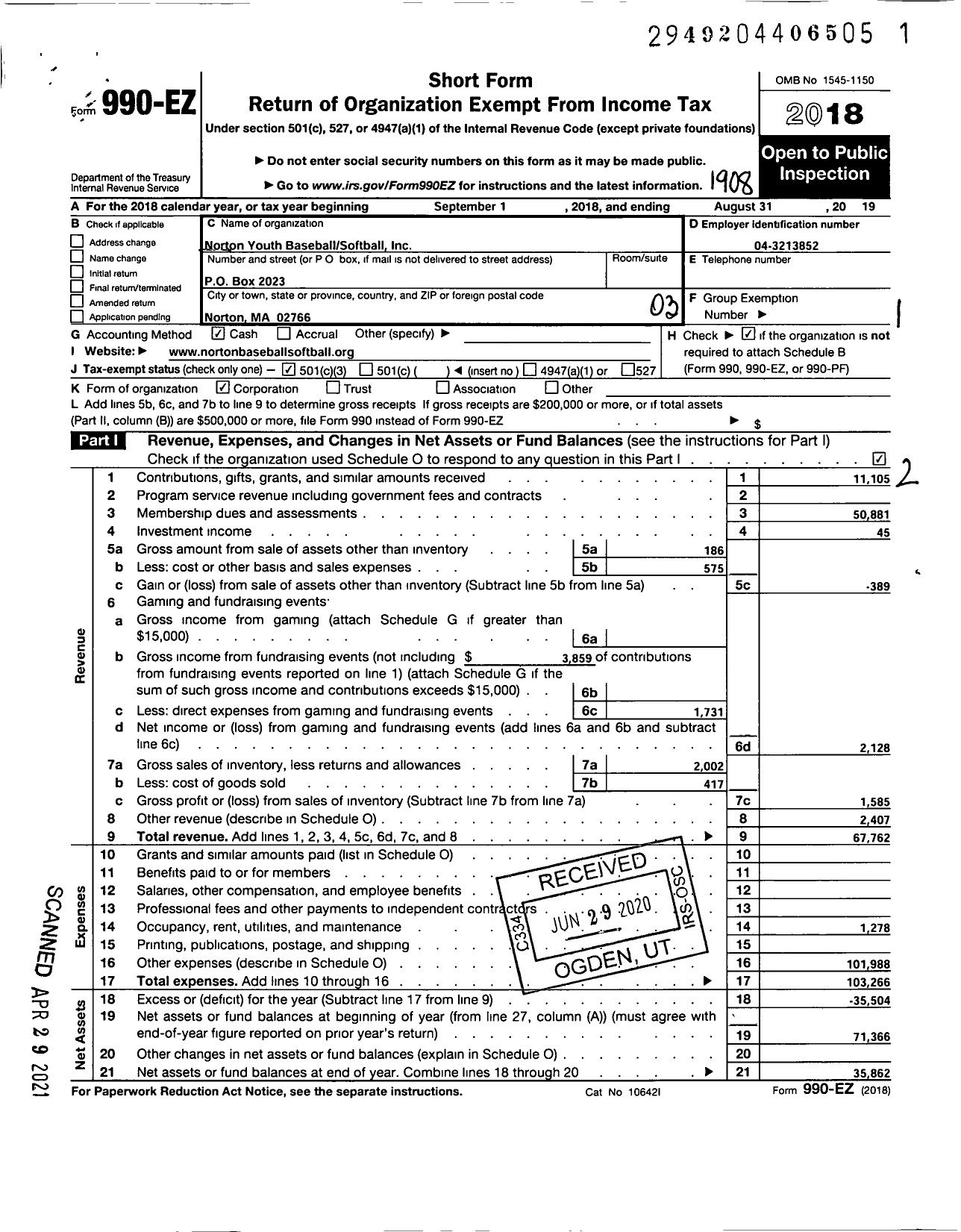 Image of first page of 2018 Form 990EZ for Norton Youth Baseballsoftball