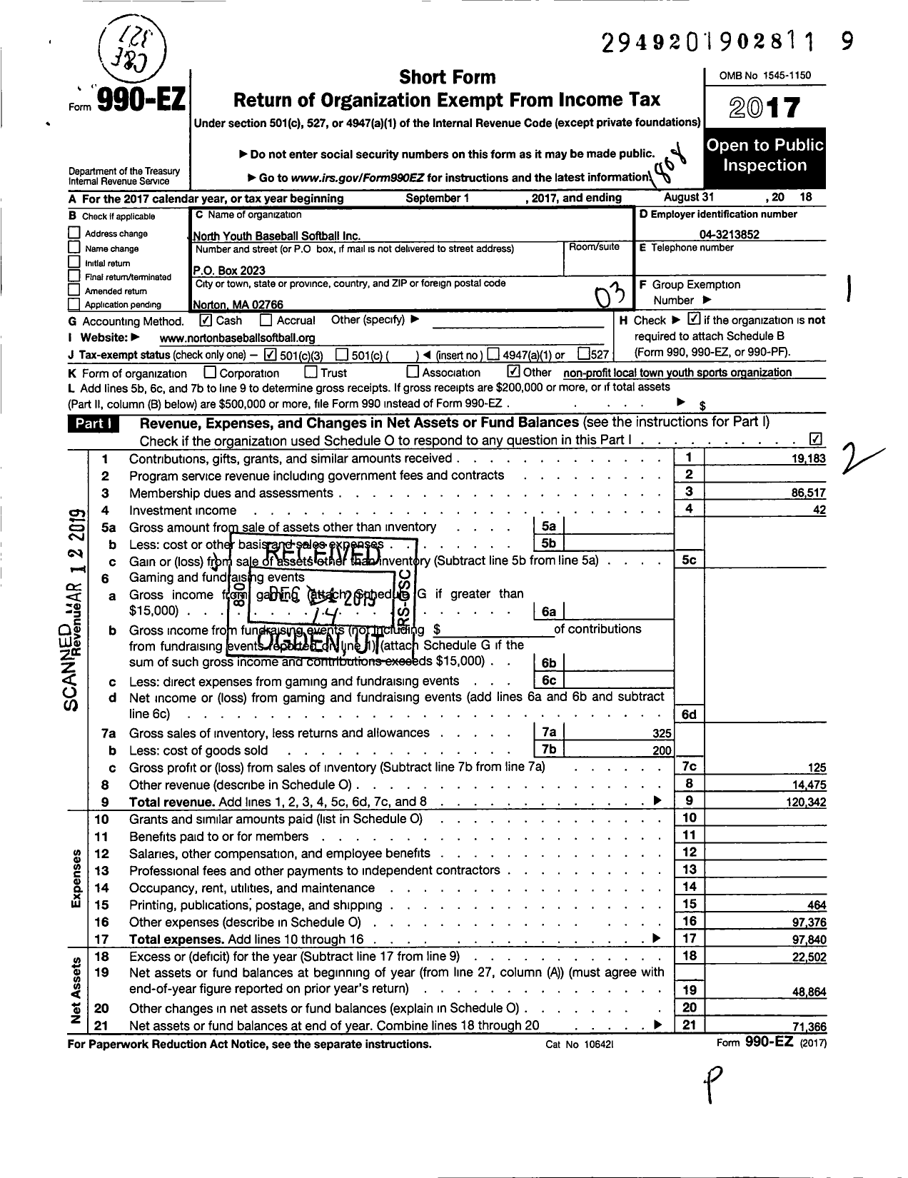 Image of first page of 2017 Form 990EZ for Norton Youth Baseballsoftball