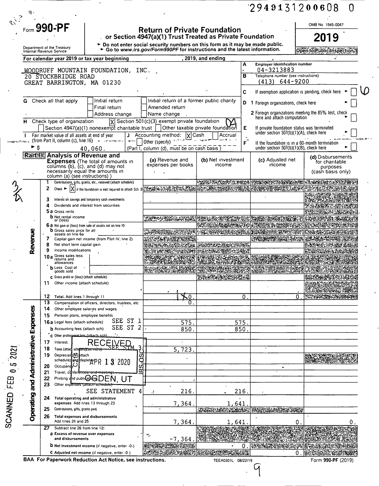 Image of first page of 2019 Form 990PF for Woodruff Mountain Foundation