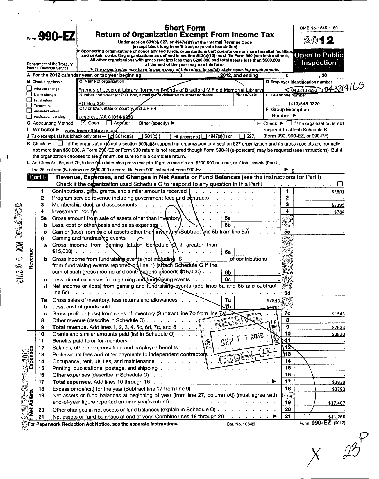 Image of first page of 2012 Form 990EZ for Friends of Leverett Pond