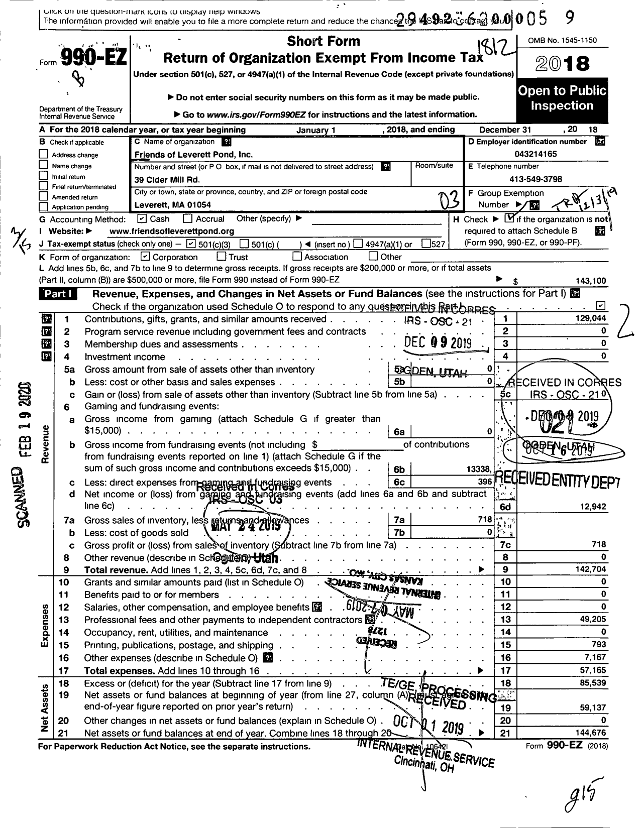 Image of first page of 2018 Form 990EZ for Friends of Leverett Pond