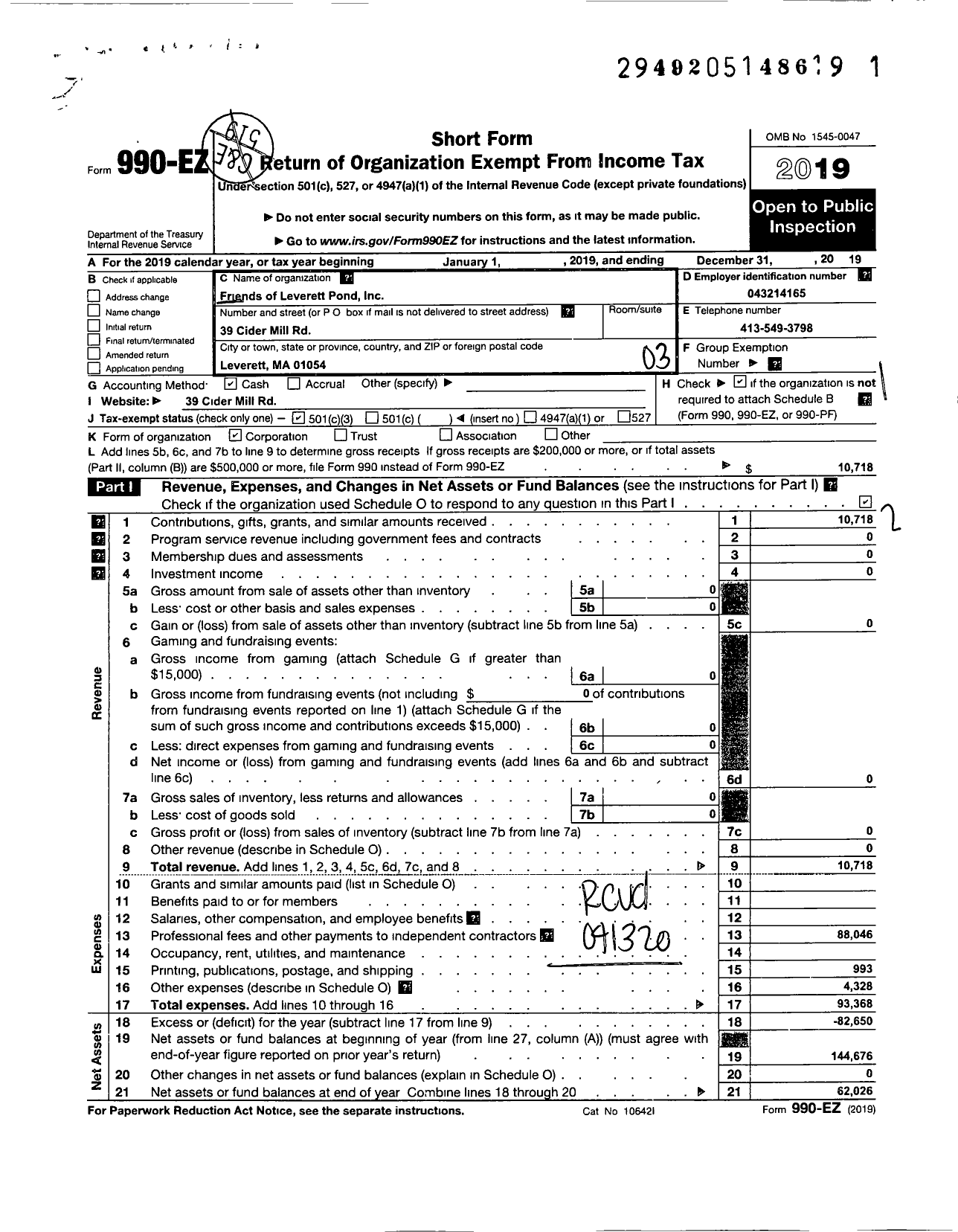 Image of first page of 2019 Form 990EZ for Friends of Leverett Pond