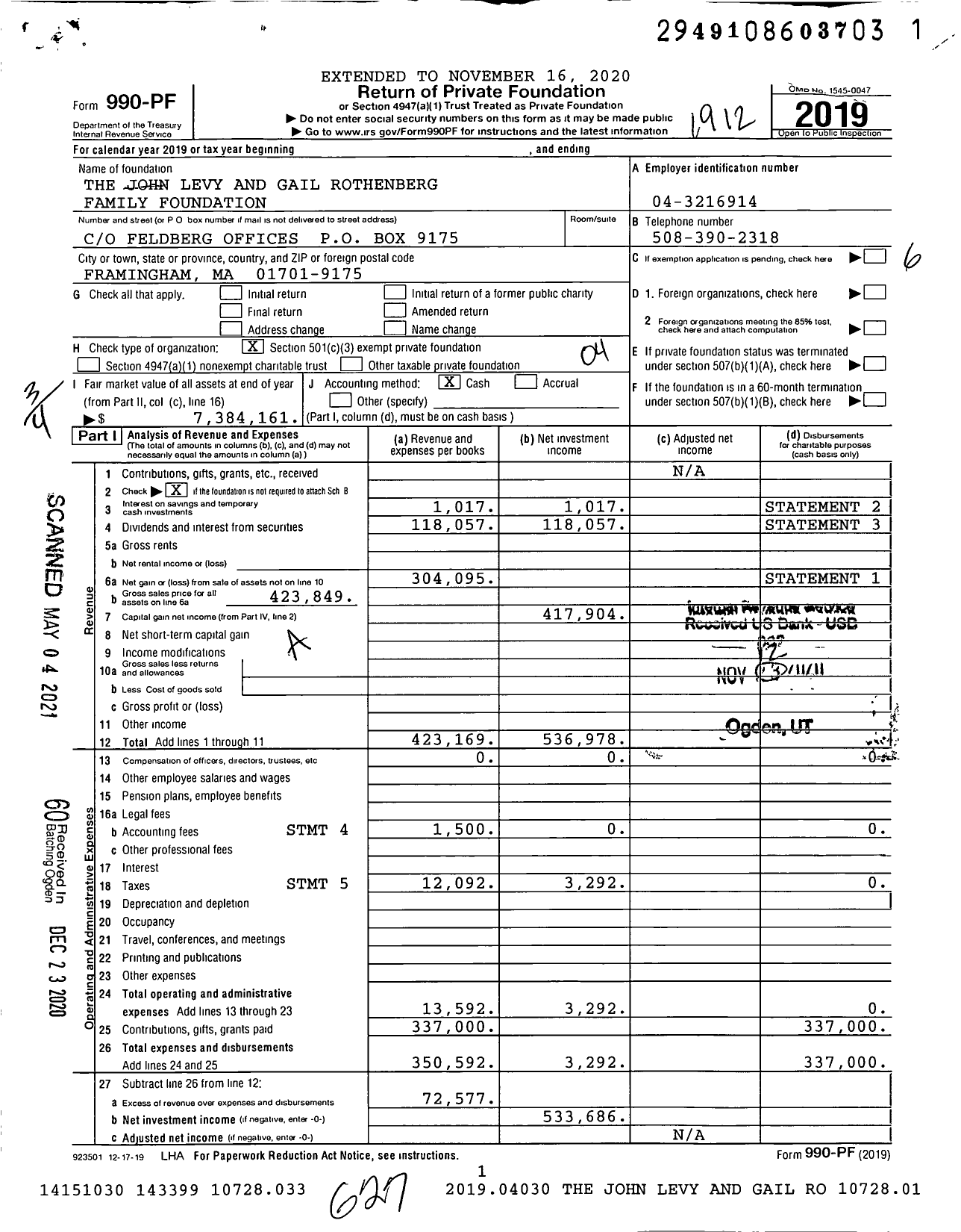 Image of first page of 2019 Form 990PF for The John Levy and Gail Rothenberg Family Foundation