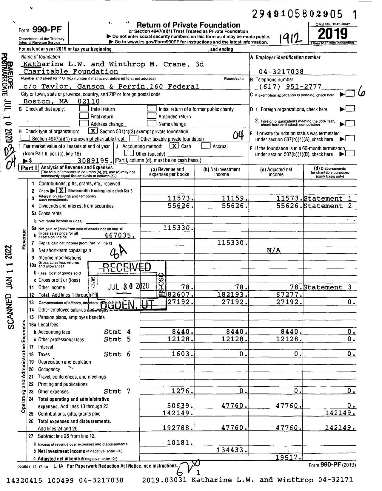 Image of first page of 2019 Form 990PF for Katharine LW and Winthrop M Crane 3d Charitable Foundation
