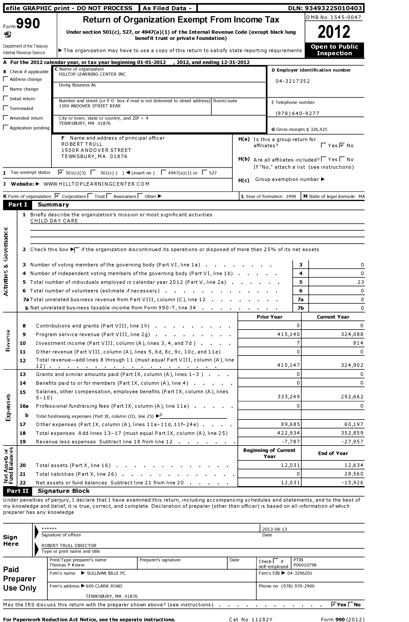 Image of first page of 2012 Form 990 for Hilltop Learning Center