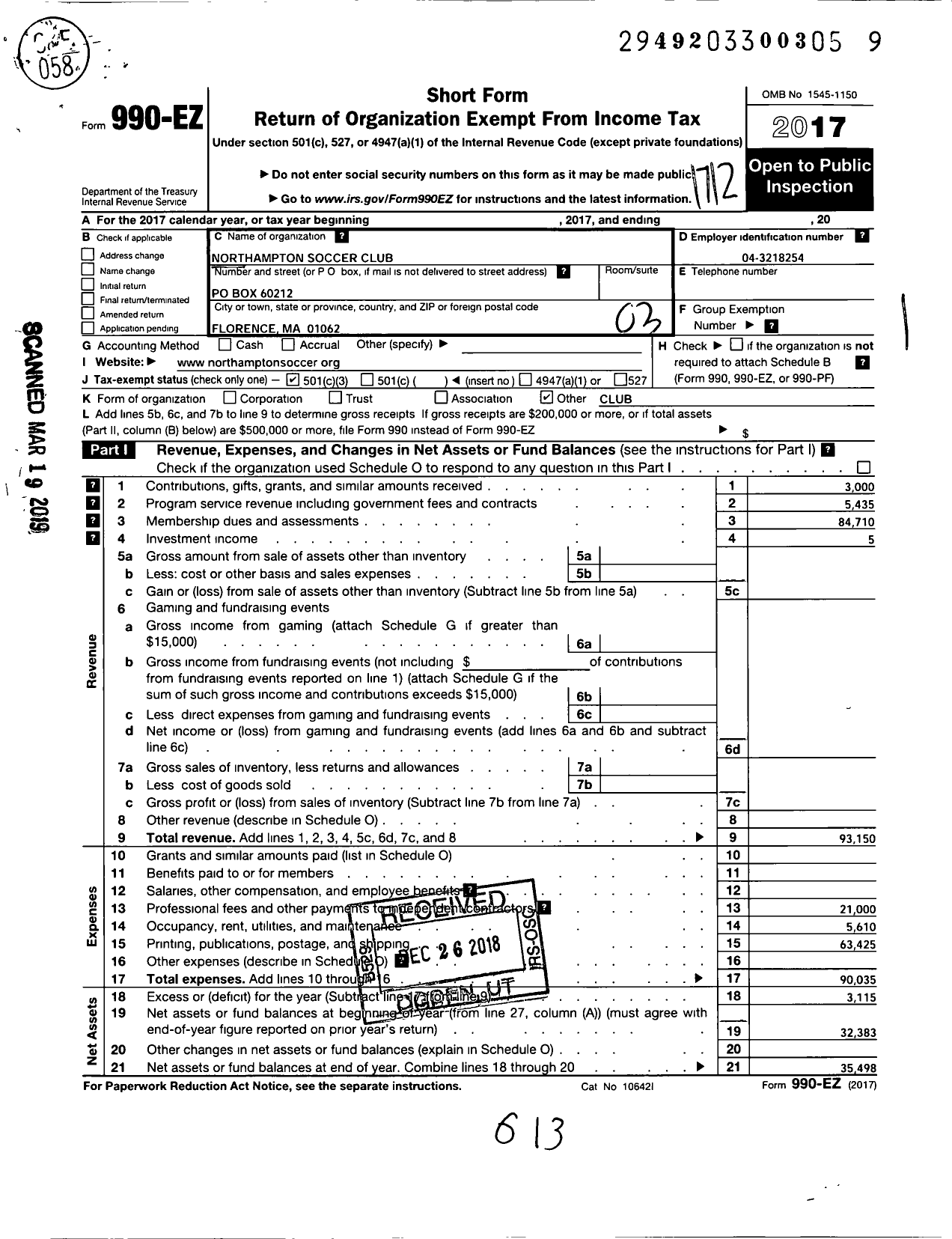 Image of first page of 2017 Form 990EZ for Northampton Soccer Club