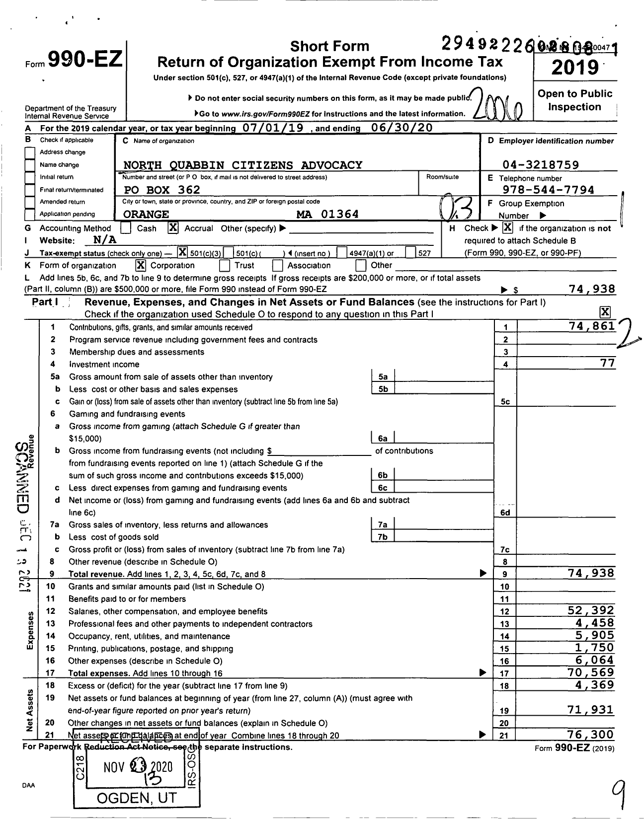 Image of first page of 2019 Form 990EZ for North Quabbin Citizen Advocacy