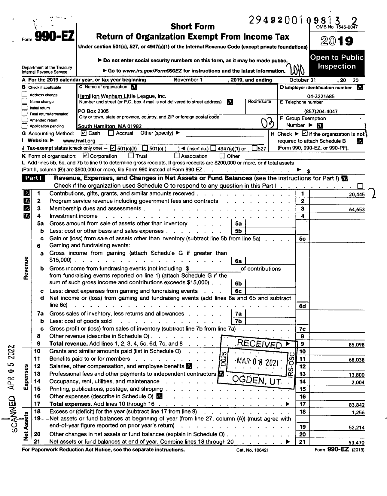 Image of first page of 2019 Form 990EZ for Hamilton-Wenham Little League