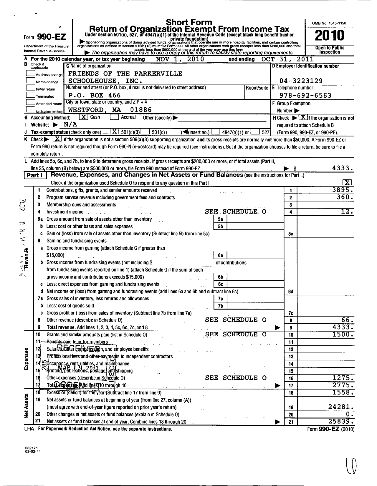 Image of first page of 2010 Form 990EZ for Friends of Parkerville Schoolhouse