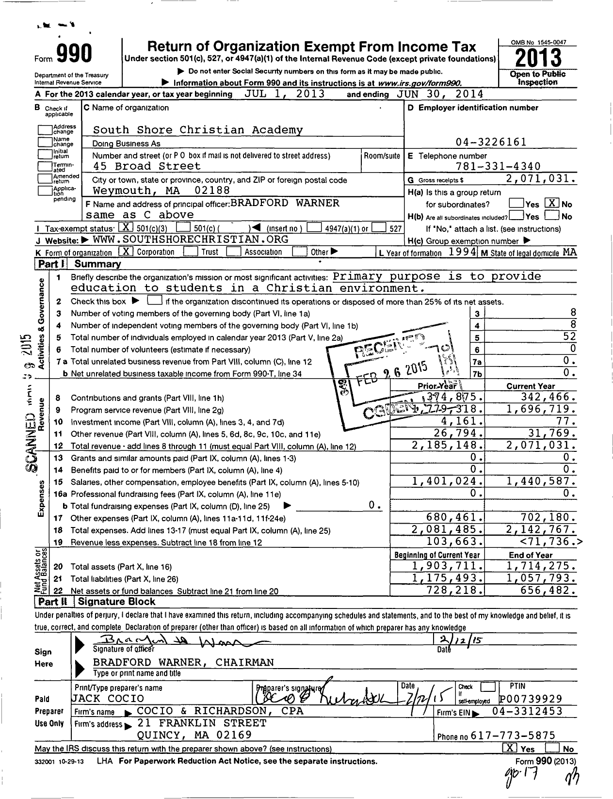 Image of first page of 2013 Form 990 for South Shore Christian Academy (SSCA)