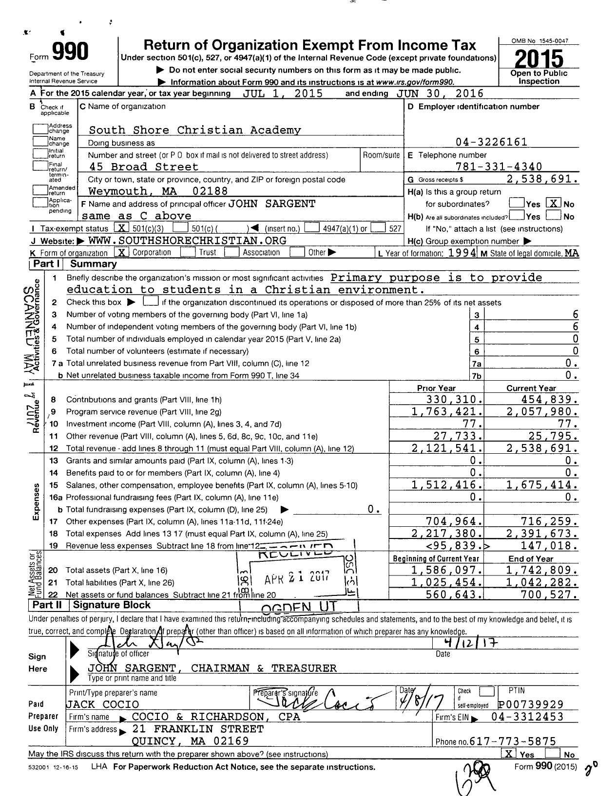 Image of first page of 2015 Form 990 for South Shore Christian Academy (SSCA)