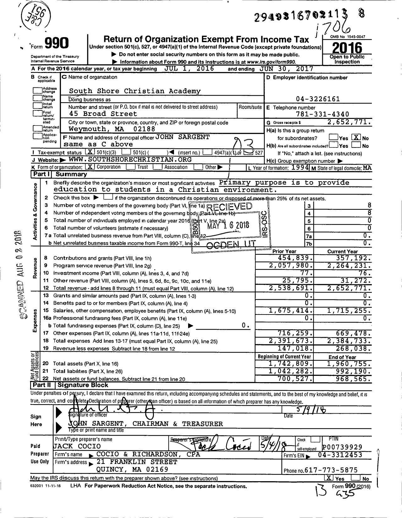 Image of first page of 2016 Form 990 for South Shore Christian Academy (SSCA)