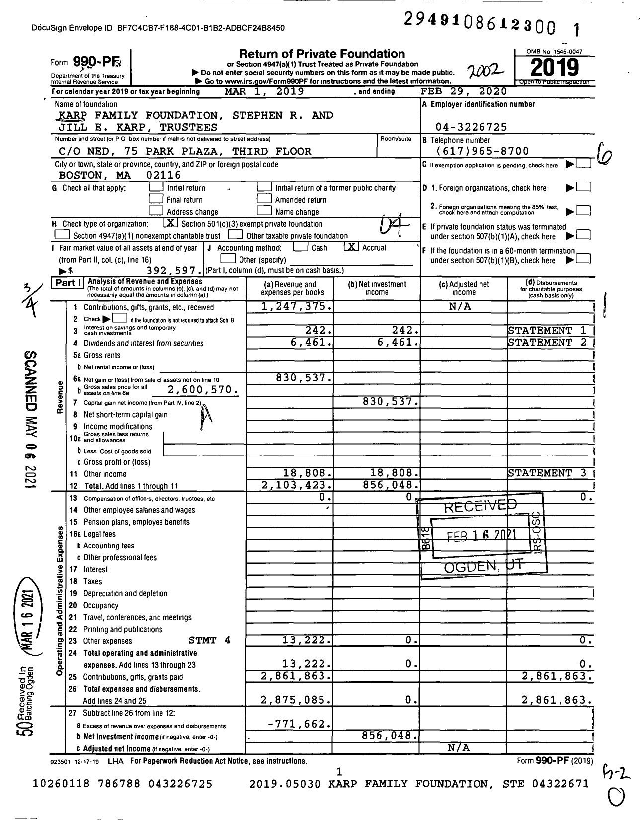 Image of first page of 2019 Form 990PF for Karp Family Foundation Stephen R and Jill E Karp Trustees