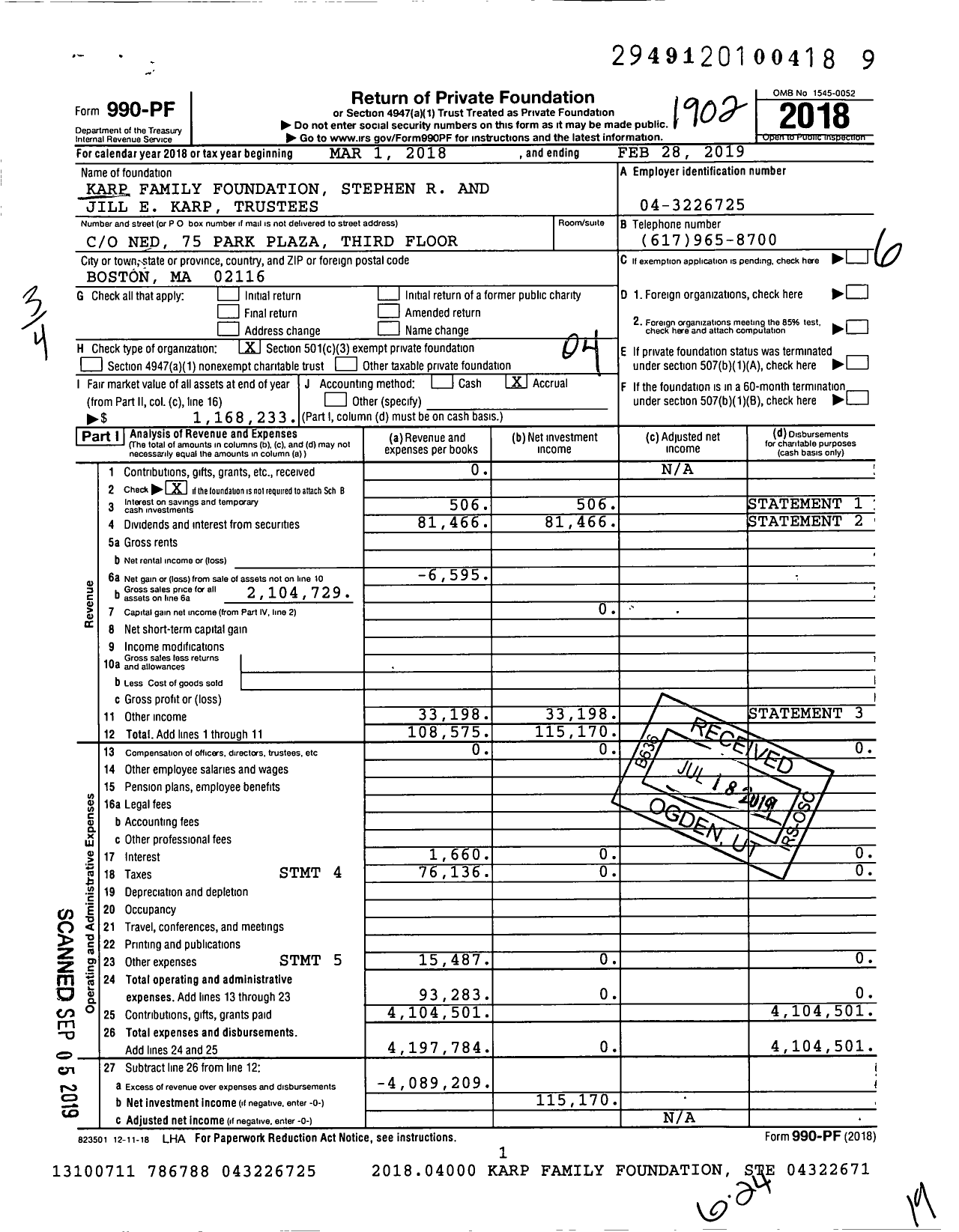 Image of first page of 2018 Form 990PF for Karp Family Foundation Stephen R and Jill E Karp Trustees