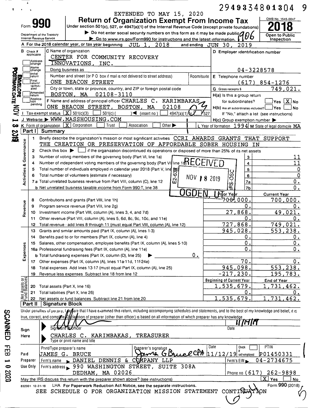 Image of first page of 2018 Form 990 for Center for Community Recovery Innovations