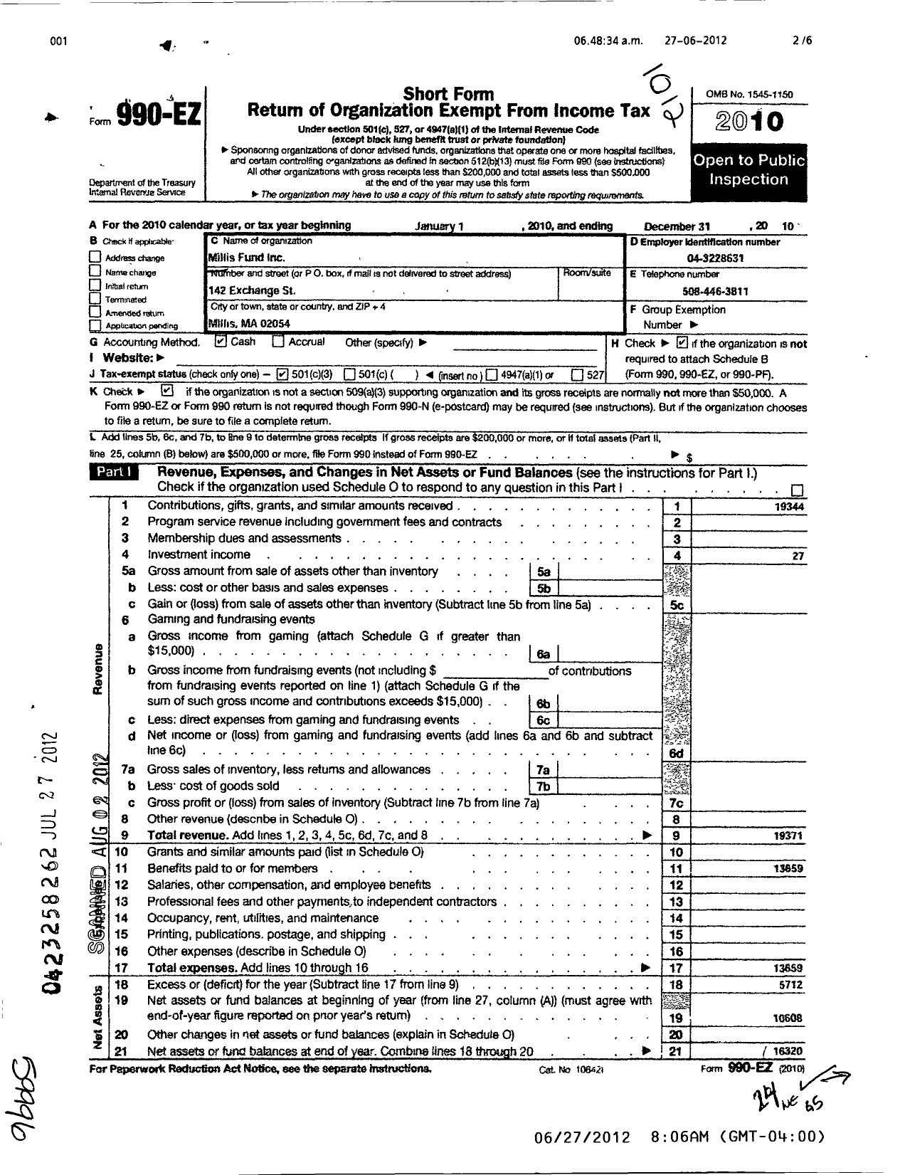 Image of first page of 2010 Form 990EZ for Millis Fund