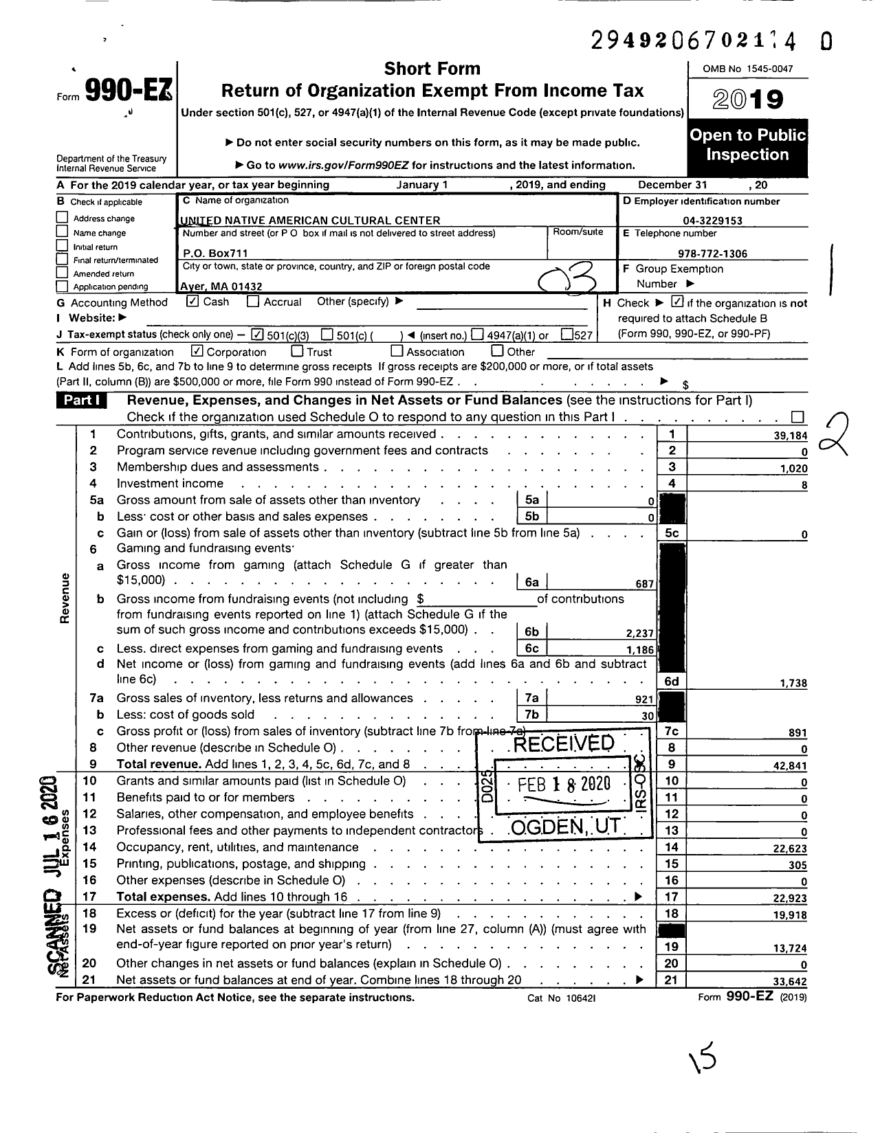 Image of first page of 2019 Form 990EZ for United Native American Cultural Center