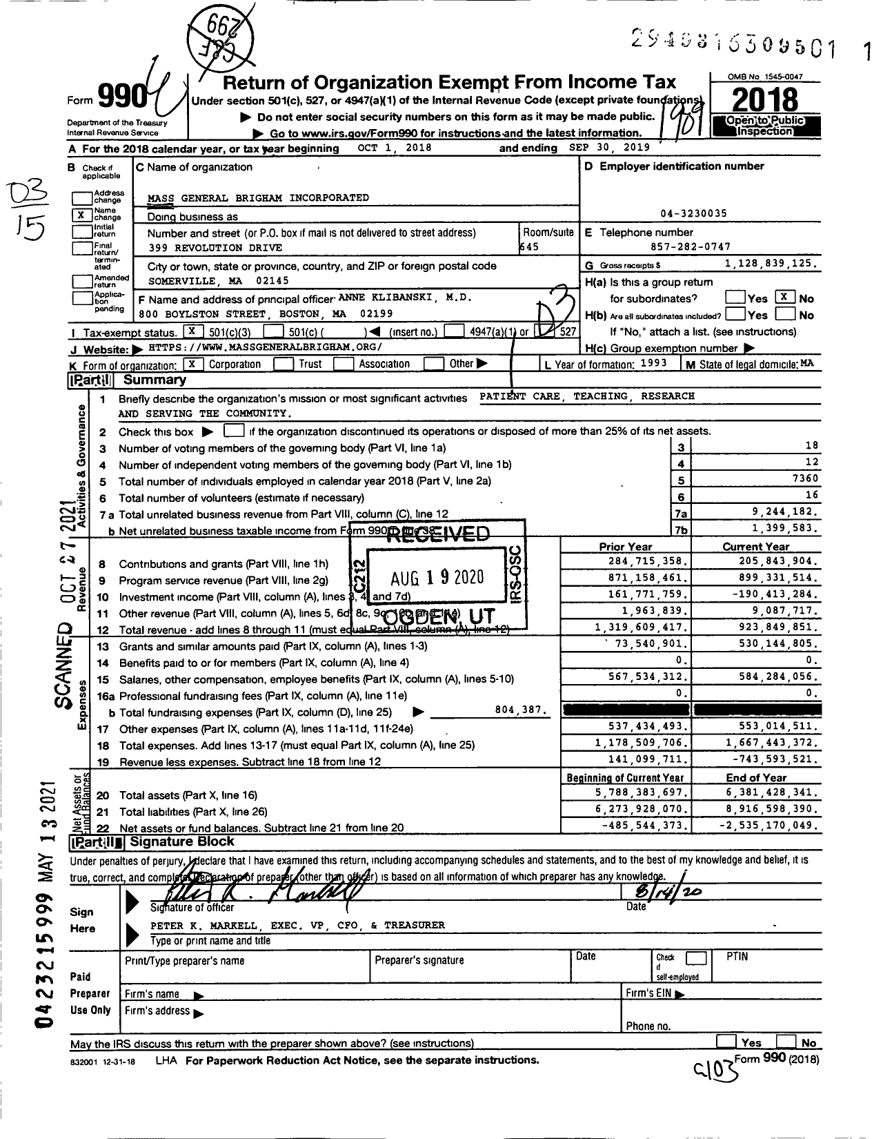 Image of first page of 2018 Form 990 for Mass General Brigham Incorporated