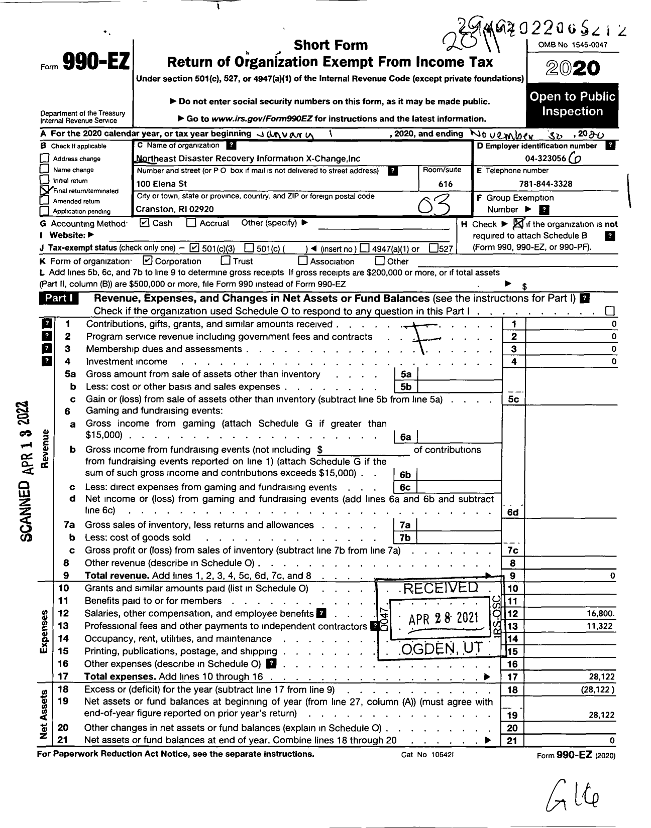 Image of first page of 2019 Form 990EZ for Northeast Disaster Recovery Information X-Change