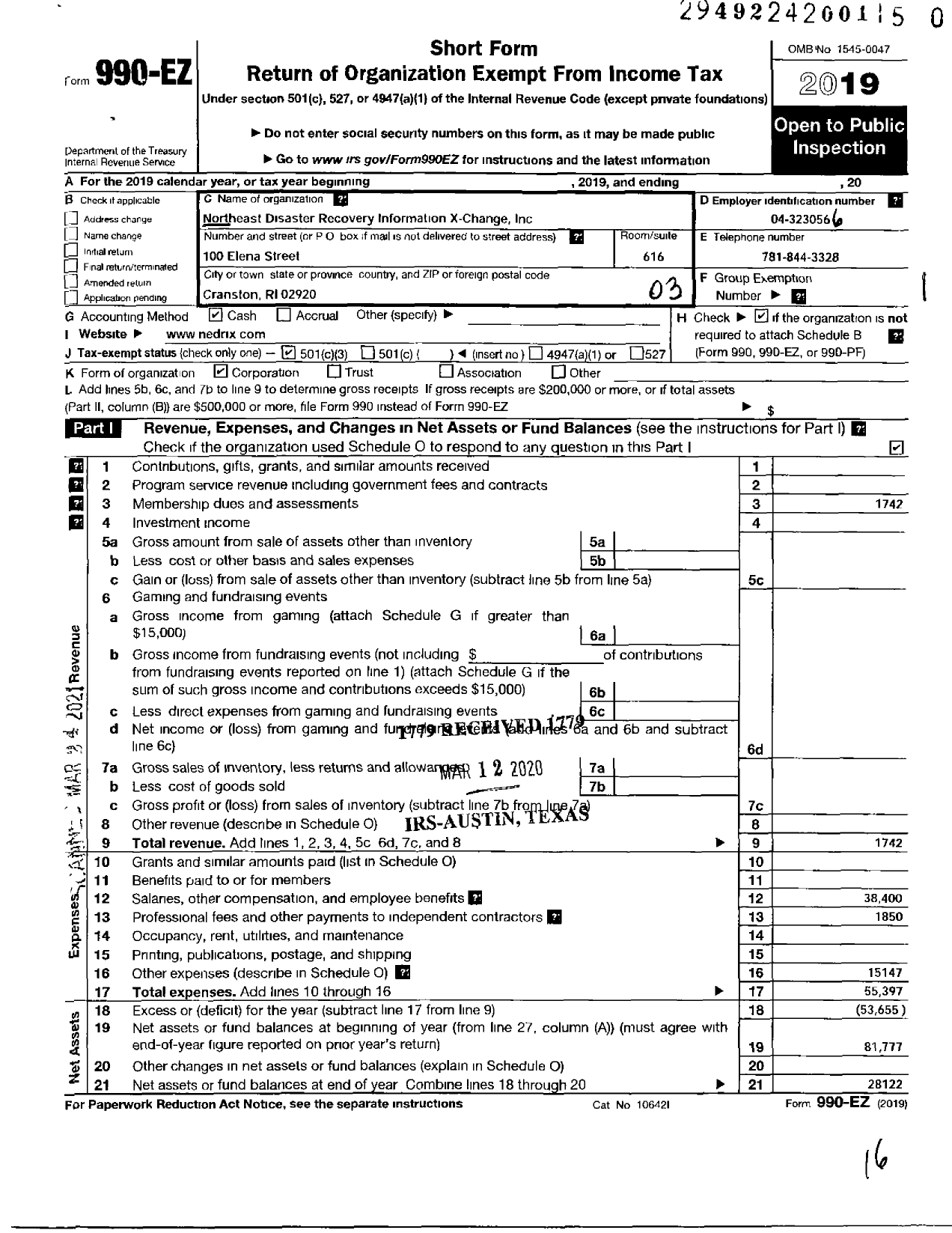 Image of first page of 2019 Form 990EZ for Northeast Disaster Recovery Information X-Change