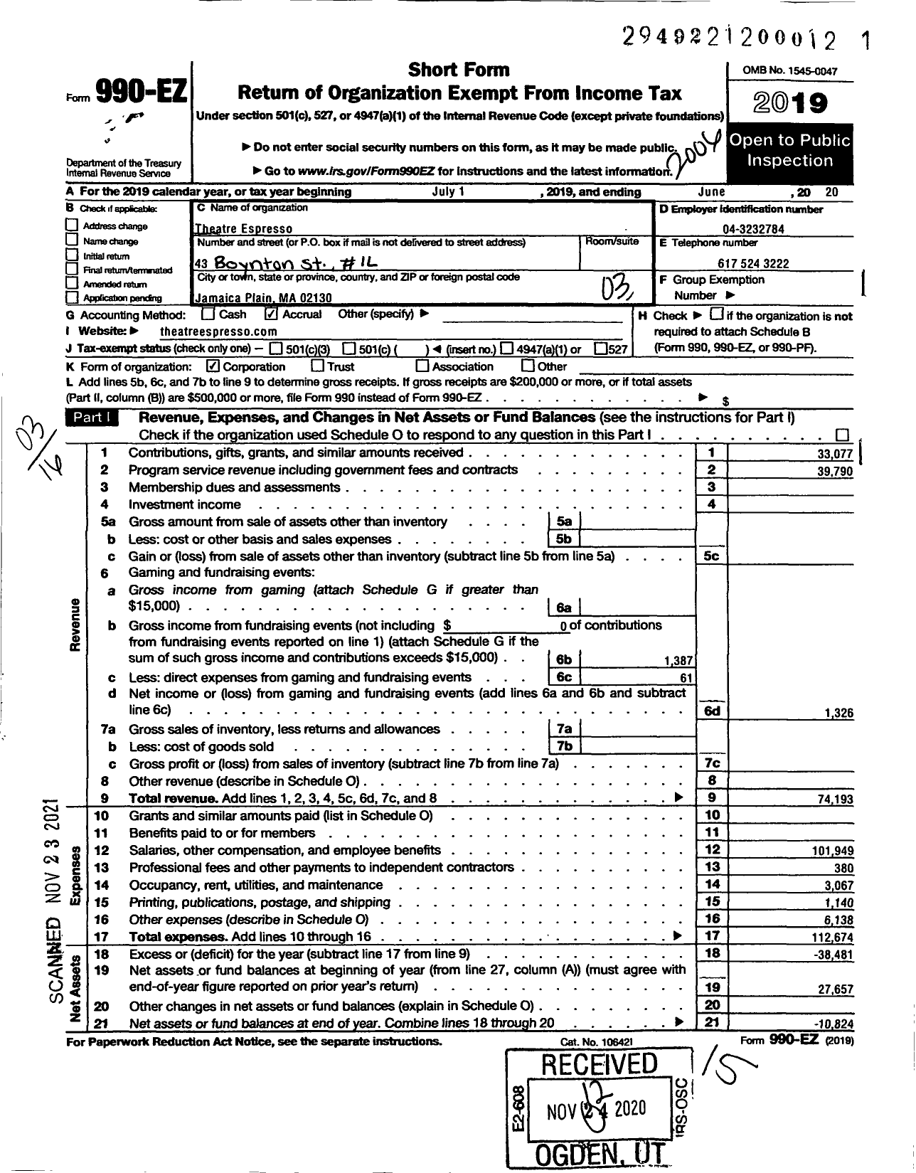 Image of first page of 2019 Form 990EZ for Theatre Espresso Incorporated