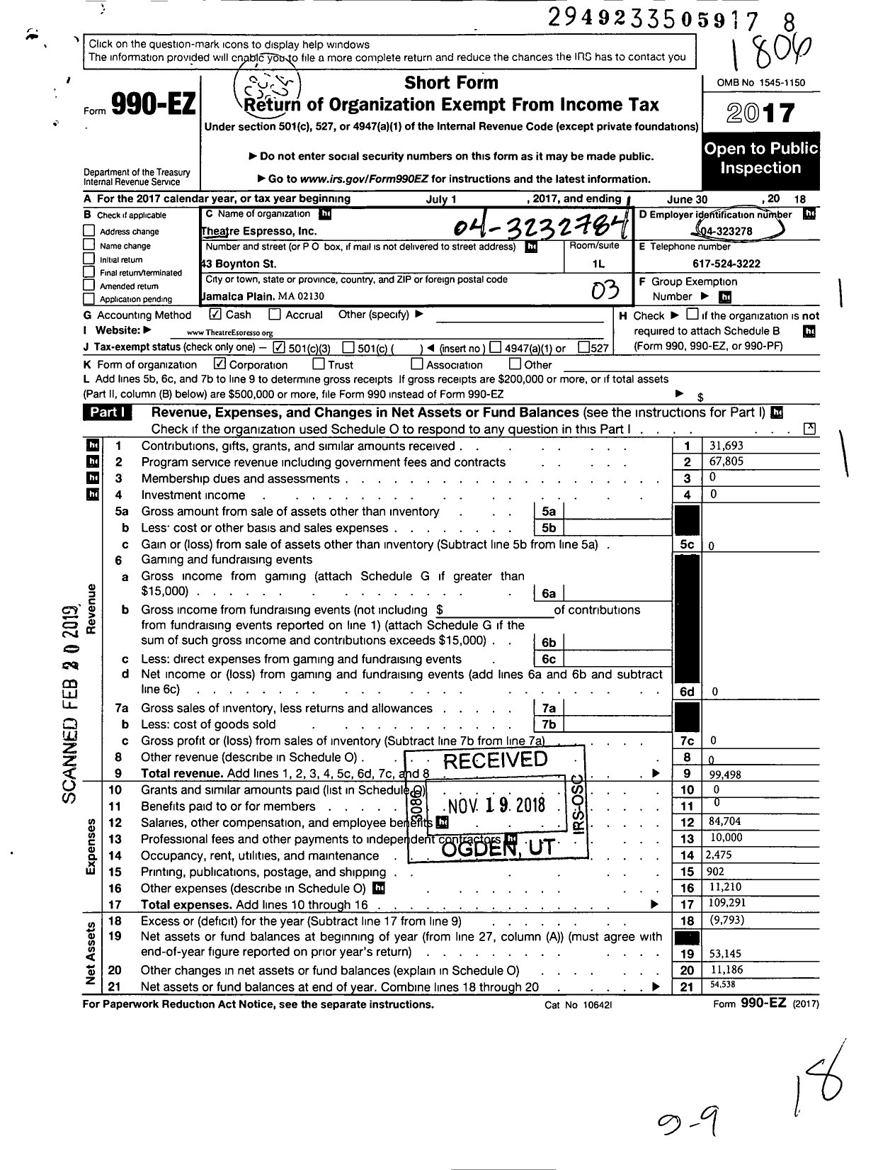 Image of first page of 2017 Form 990EZ for Theatre Espresso Incorporated