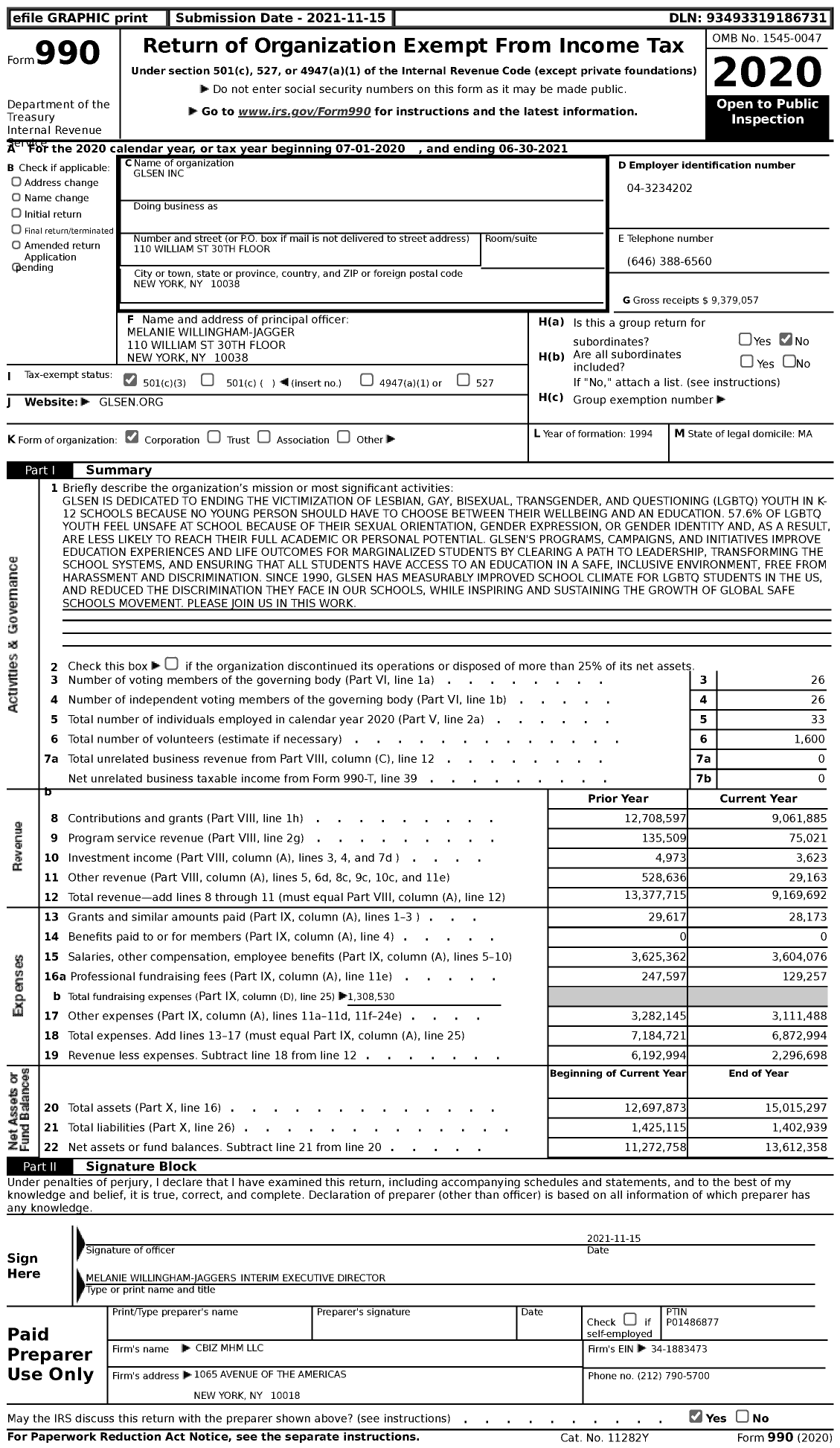 Image of first page of 2020 Form 990 for The Gay, Lesbian and Straight Education Network (GLSEN)