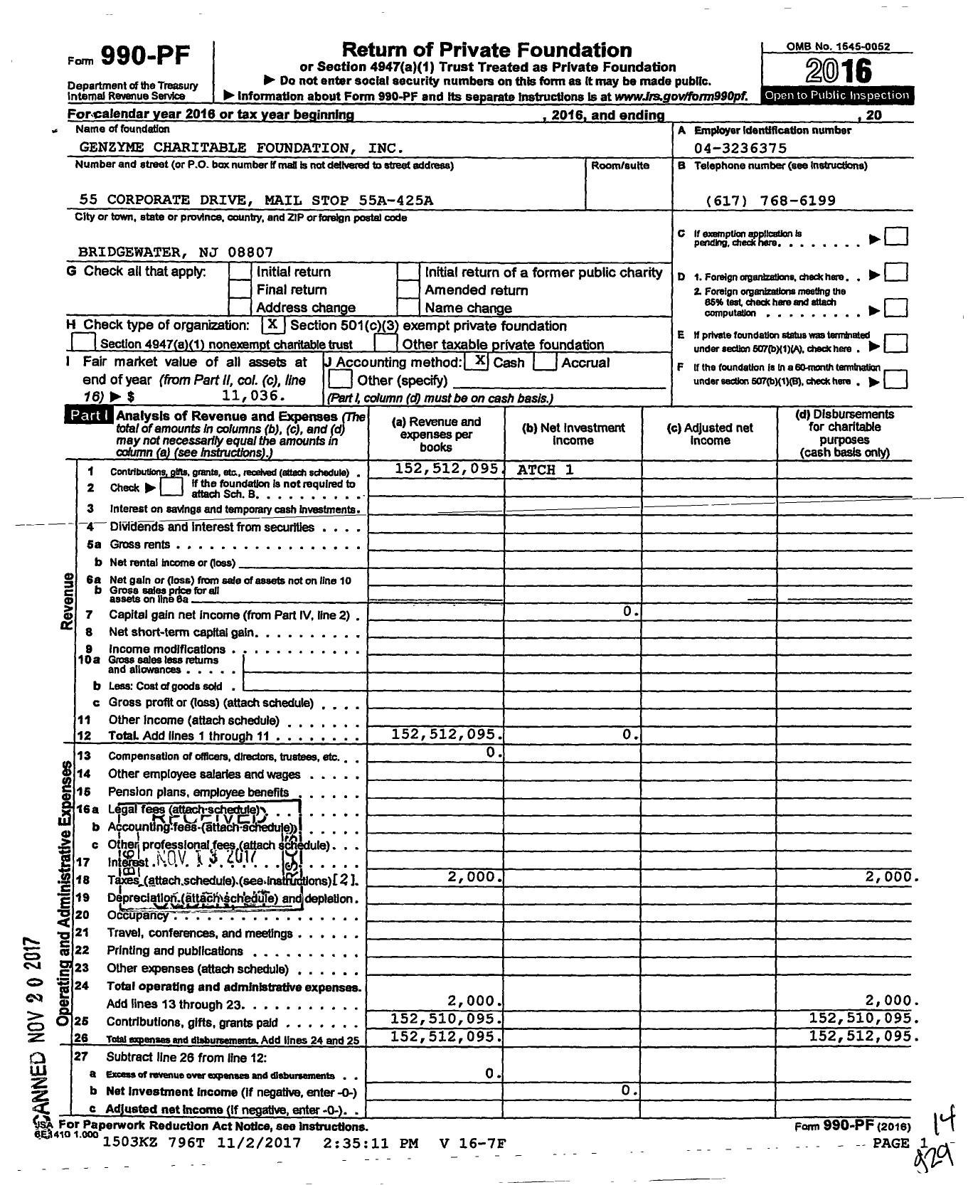Image of first page of 2016 Form 990PF for Genzyme Charitable Foundation