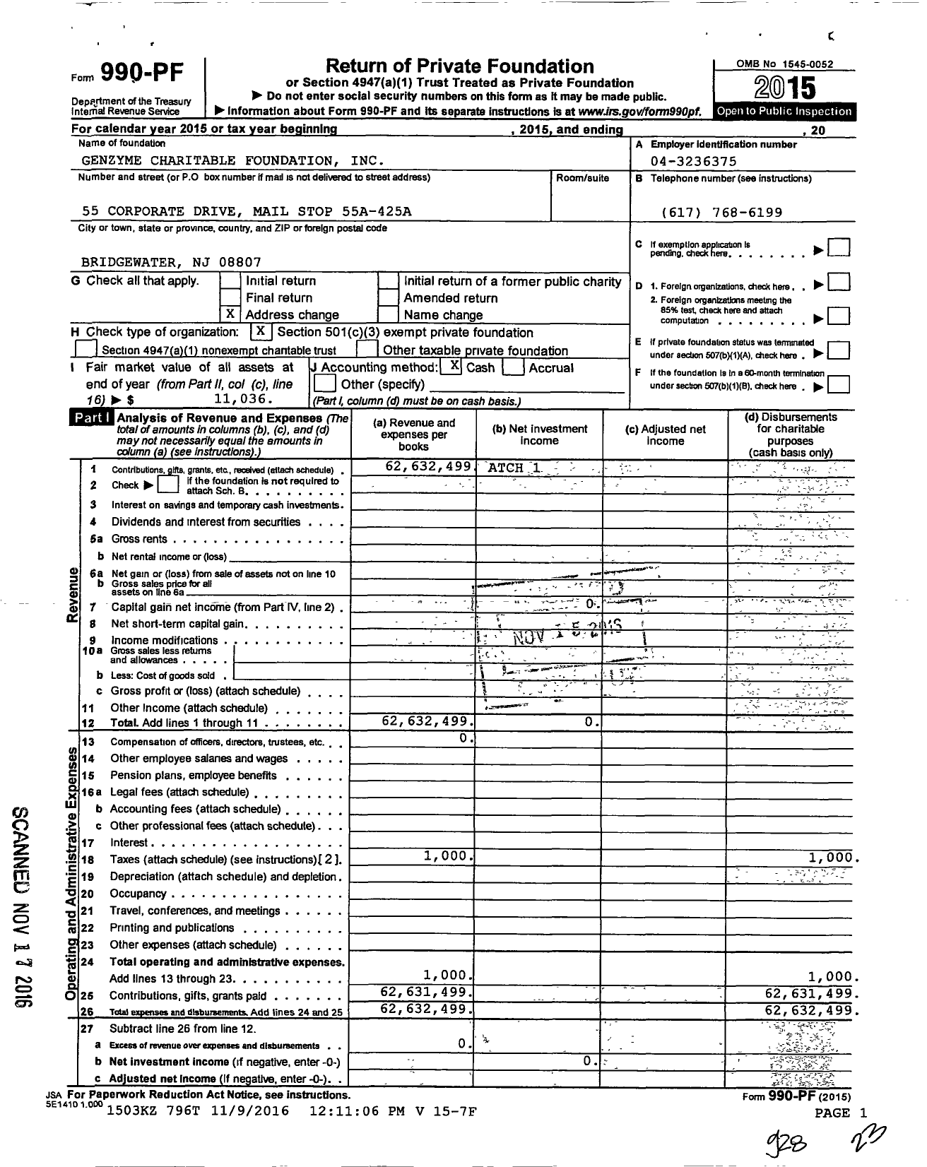 Image of first page of 2015 Form 990PF for Genzyme Charitable Foundation