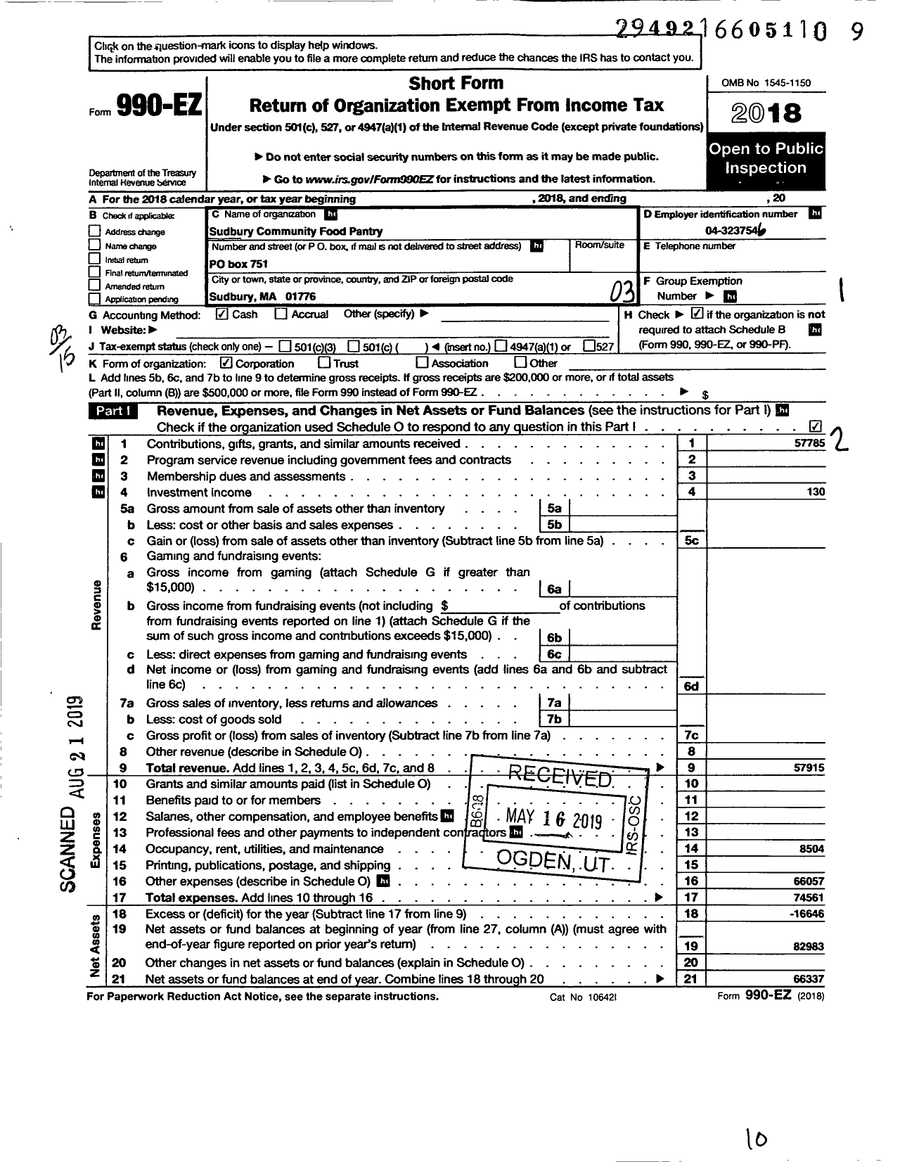 Image of first page of 2018 Form 990EZ for Sudbury Community Food Pantry