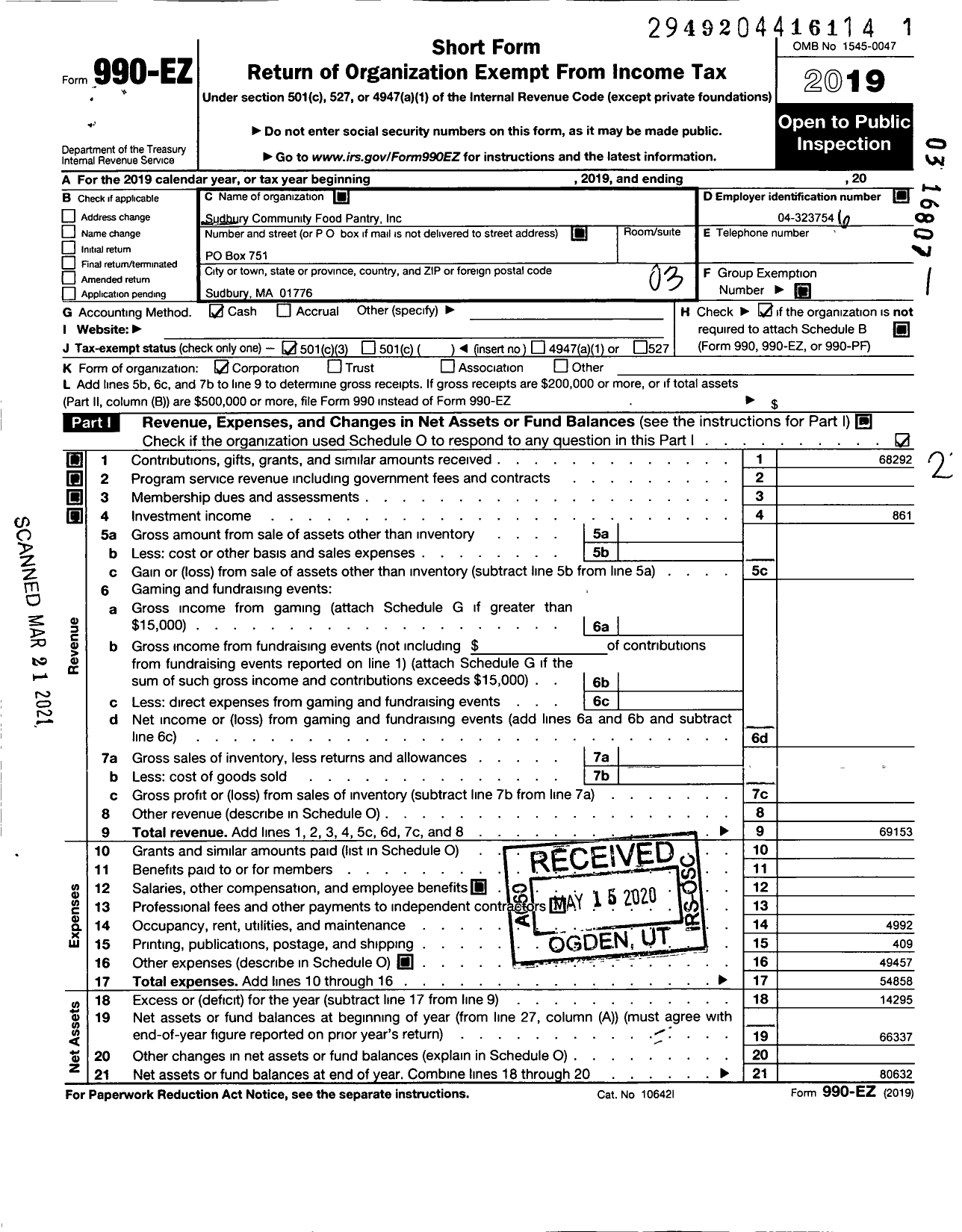 Image of first page of 2019 Form 990EZ for Sudbury Community Food Pantry