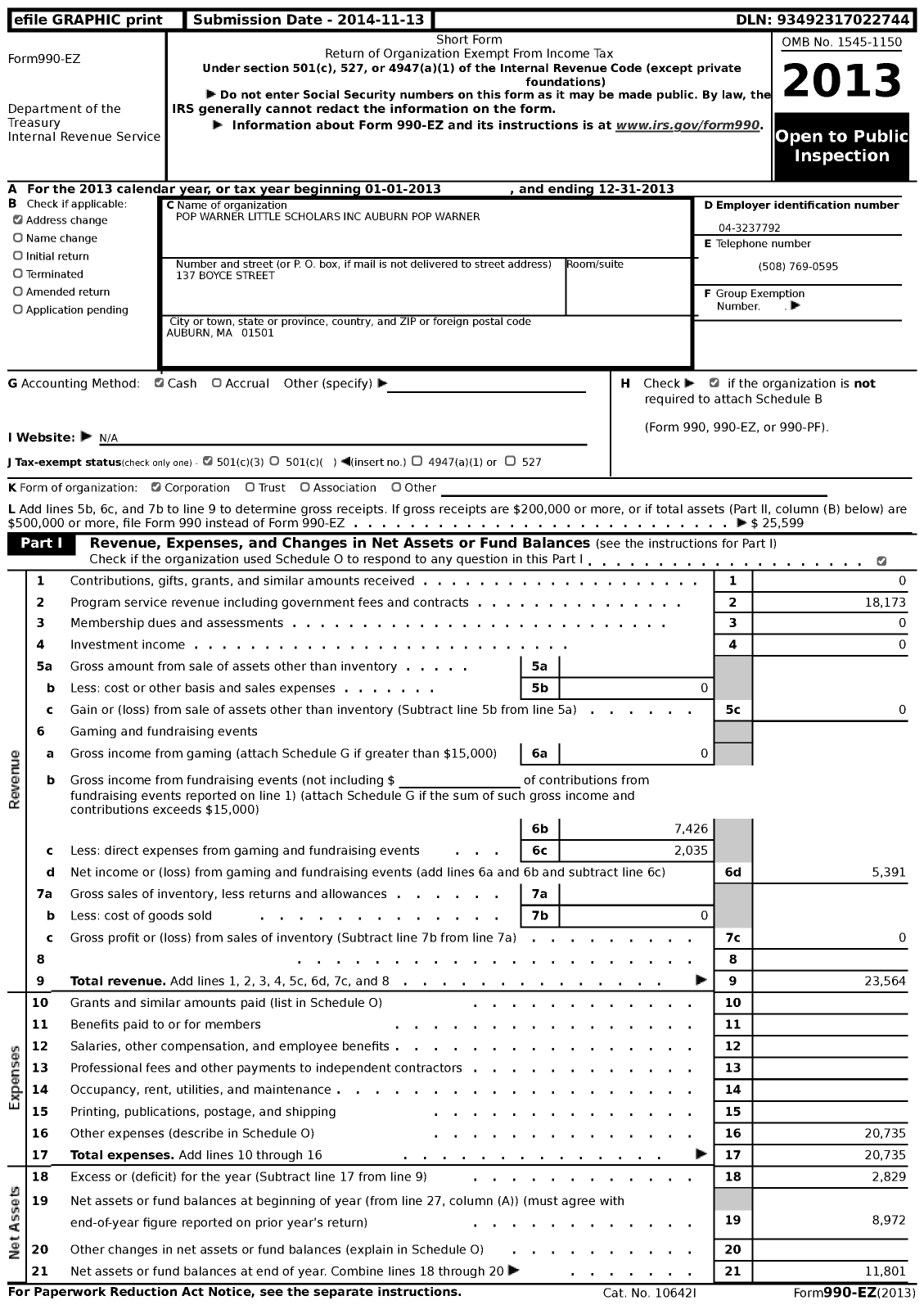 Image of first page of 2013 Form 990EZ for Pop Warner Little Scholars Auburn Pop Warner