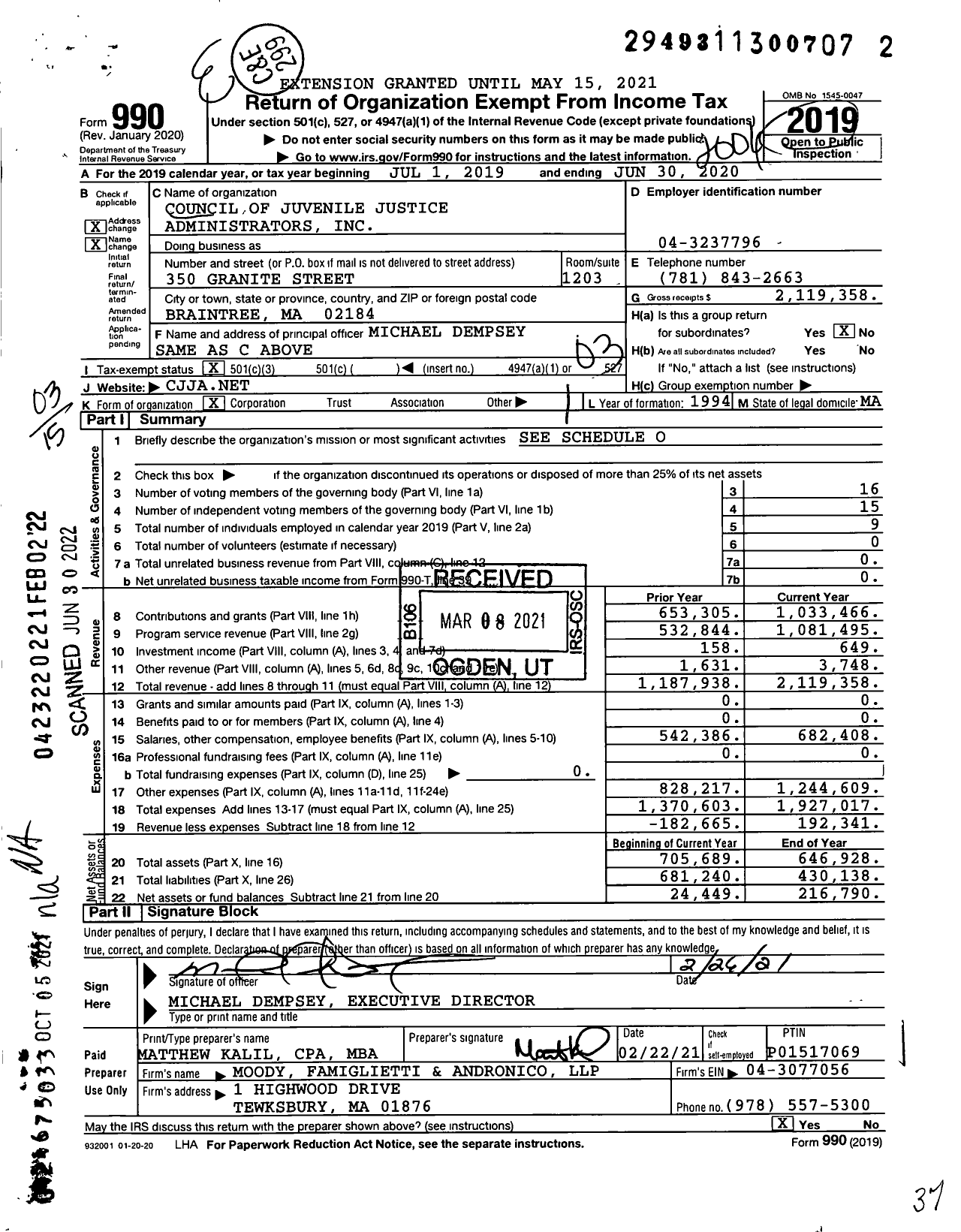 Image of first page of 2019 Form 990 for Council of Juvenile Justice Administrators