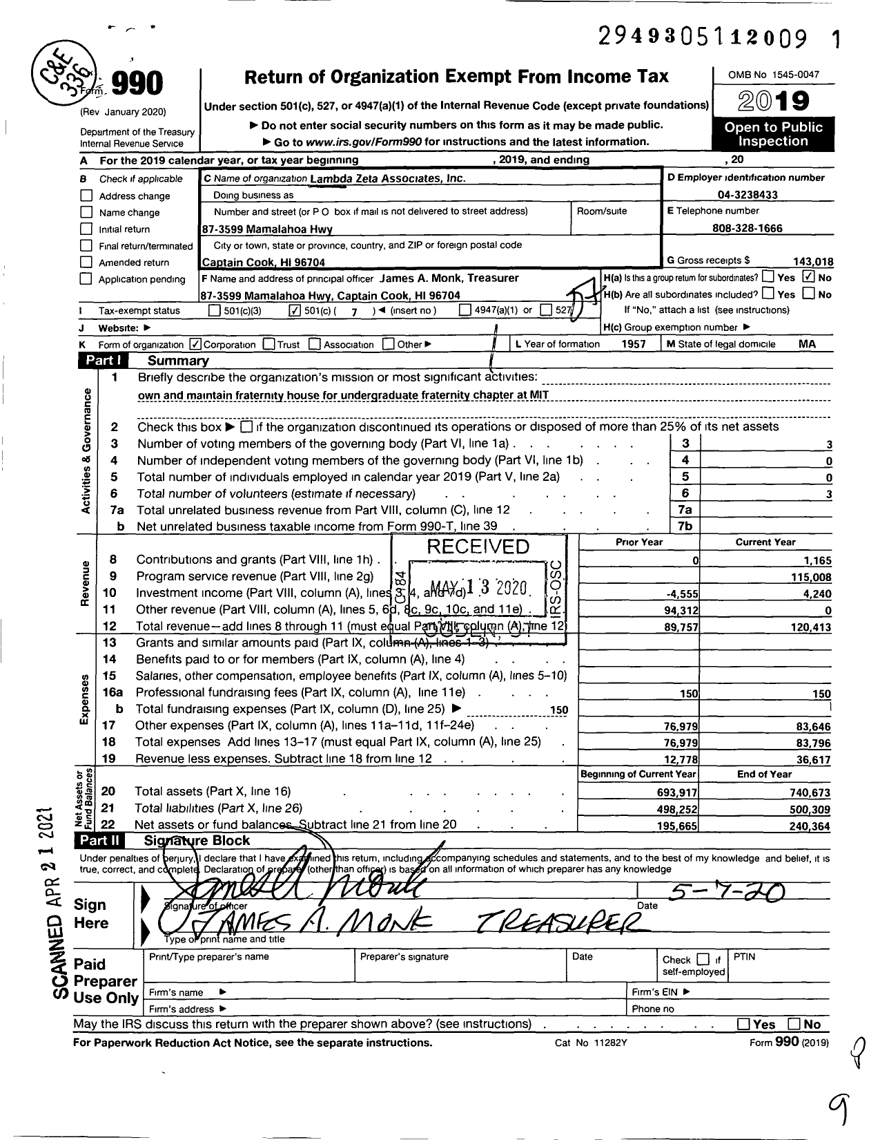 Image of first page of 2019 Form 990O for Lambda Zeta Associates