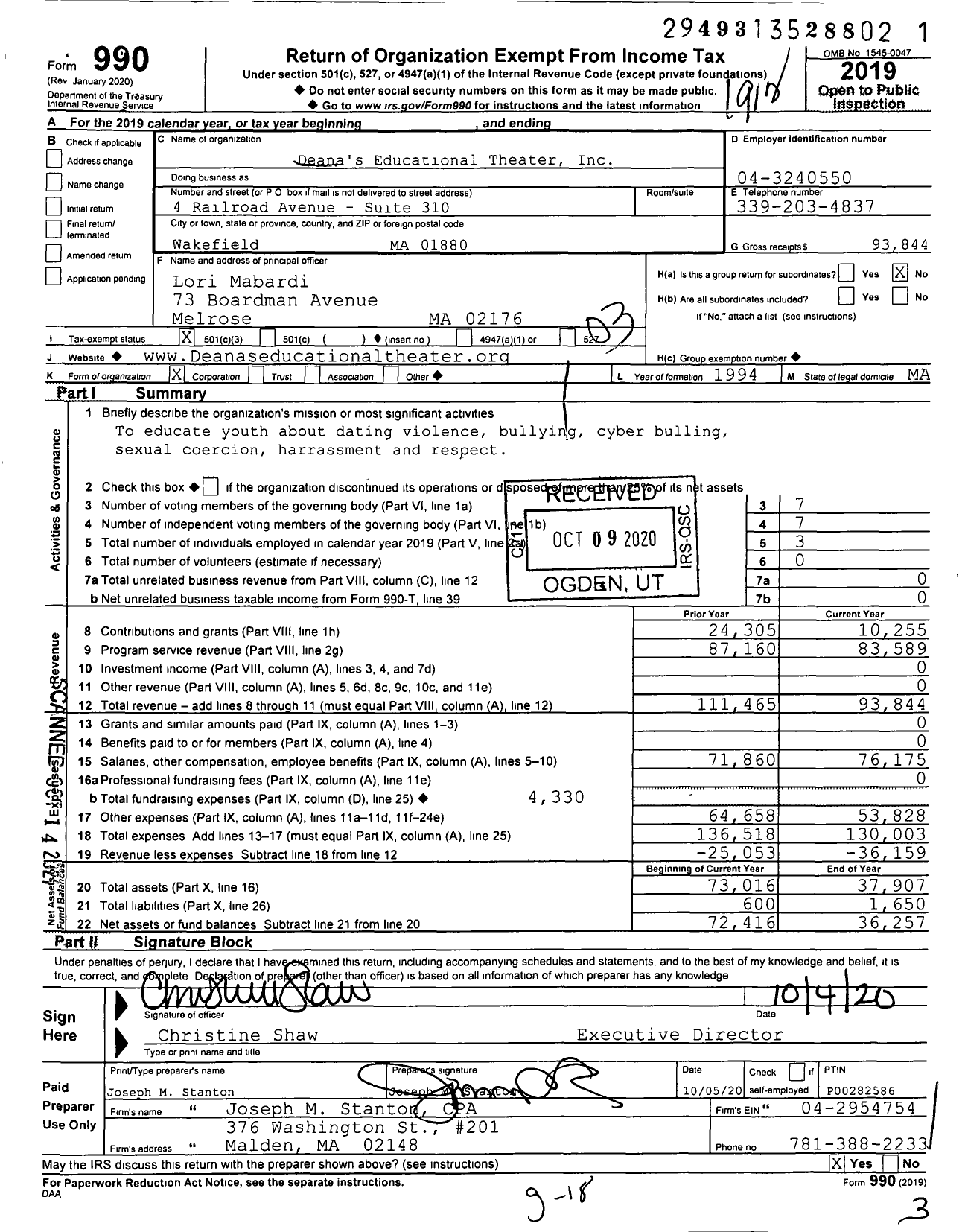 Image of first page of 2019 Form 990 for Deanas Educational Theater