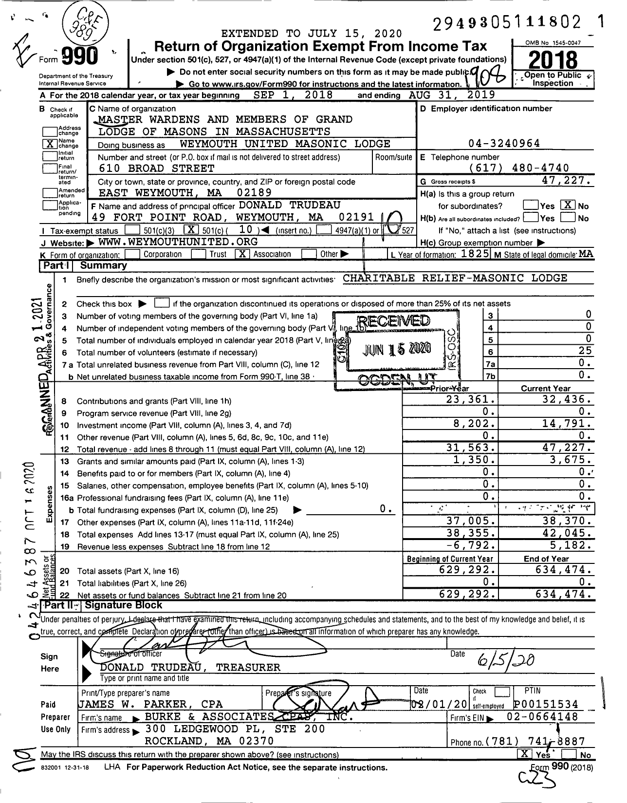 Image of first page of 2018 Form 990O for Massachusetts Freemasons - Weymouth United Masonic Lodge Under Group 0237