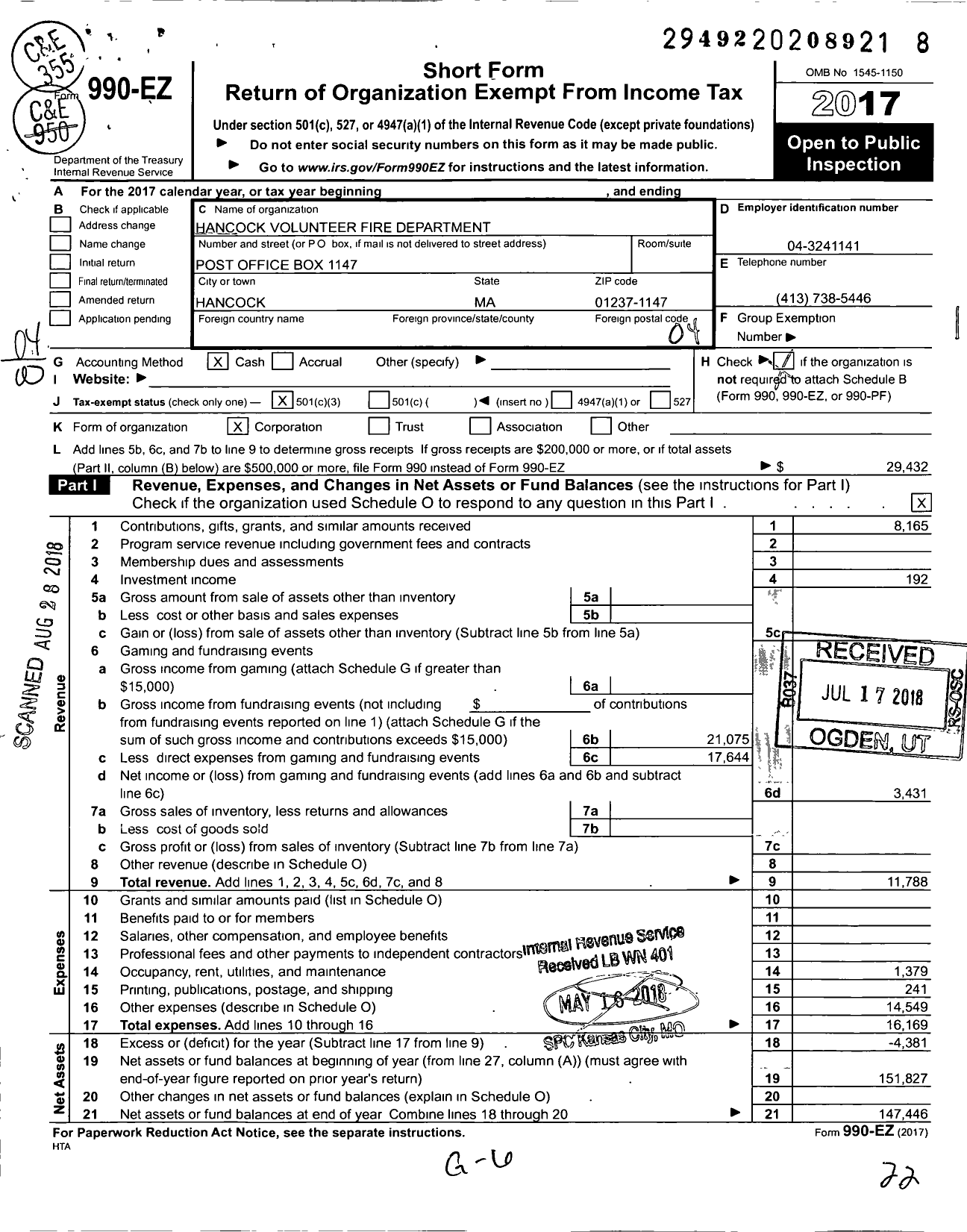 Image of first page of 2017 Form 990EO for Hancock Volunteer Fire Dept