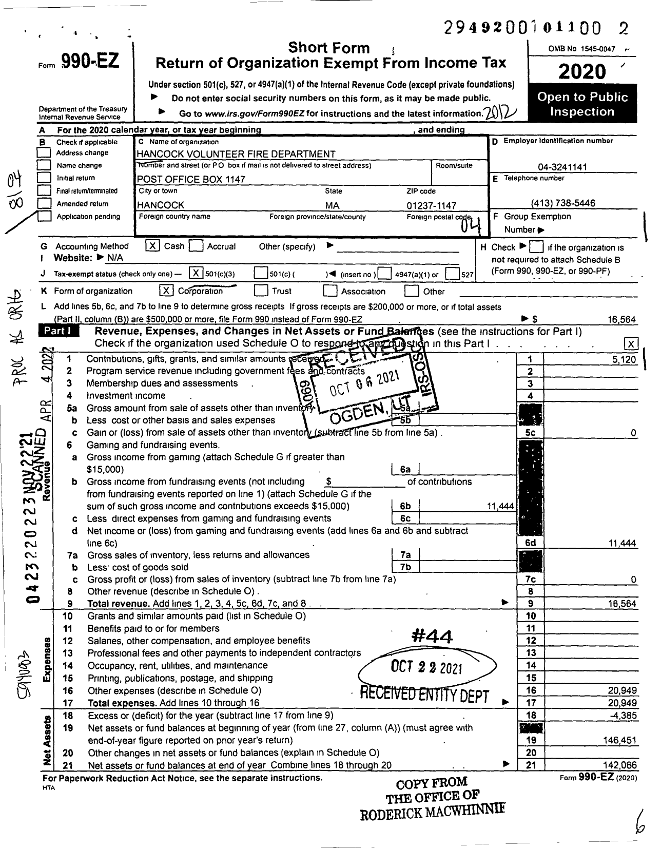 Image of first page of 2020 Form 990EO for Hancock Volunteer Fire Dept