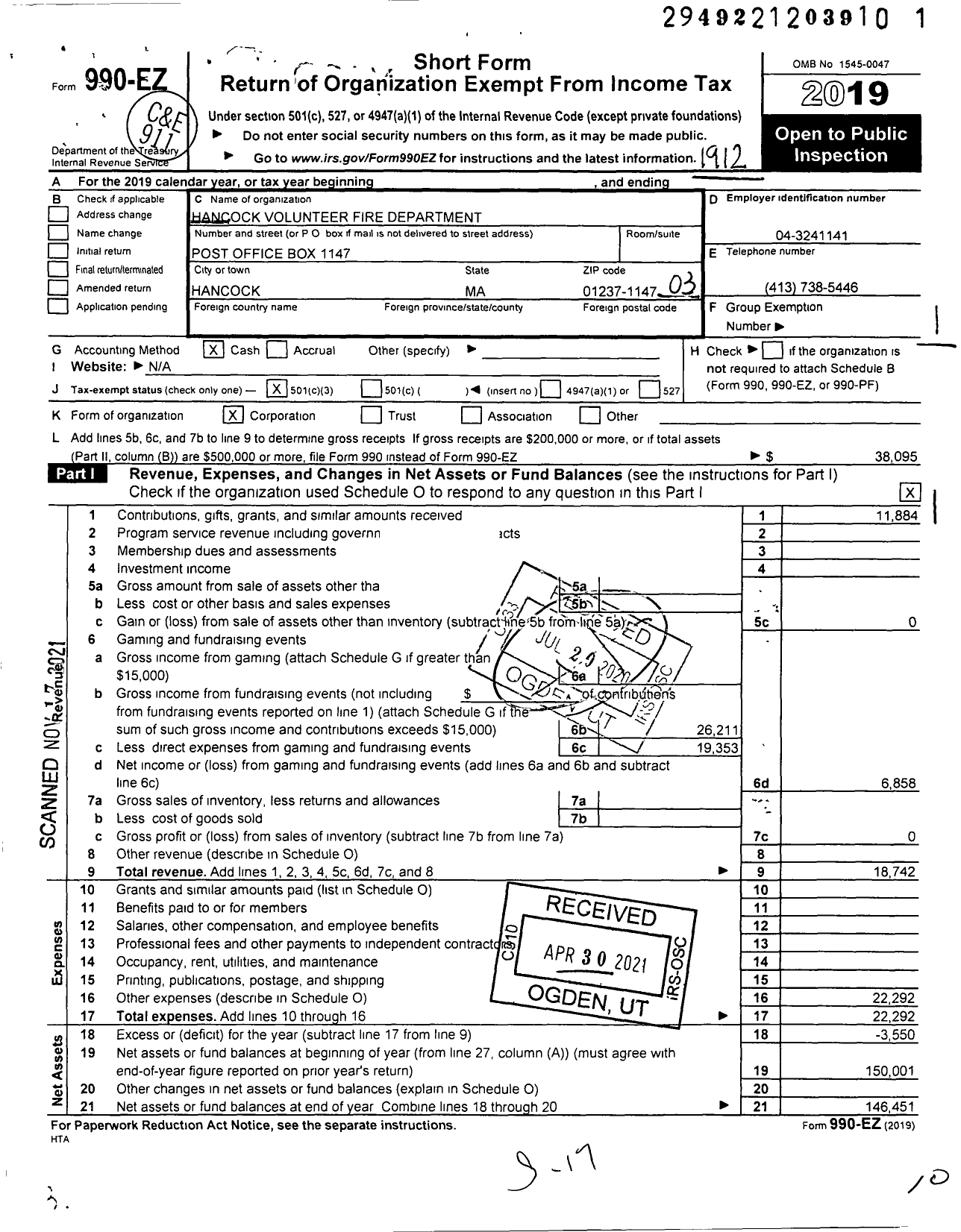 Image of first page of 2019 Form 990EZ for Hancock Volunteer Fire Dept