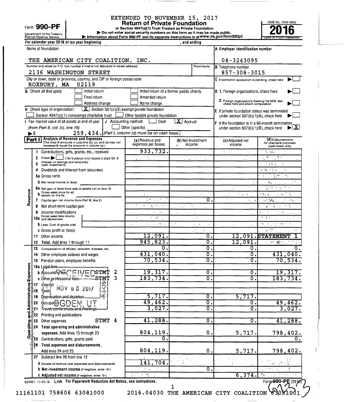 Image of first page of 2016 Form 990PF for The American City Coalition